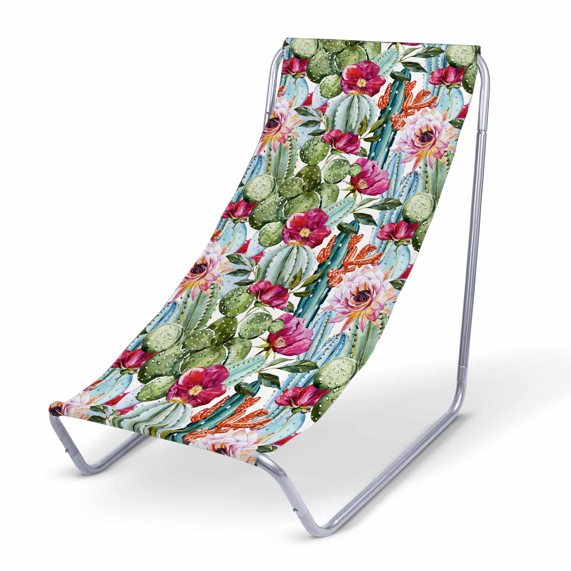 Metallliegestuhl Blumen und Kakteen