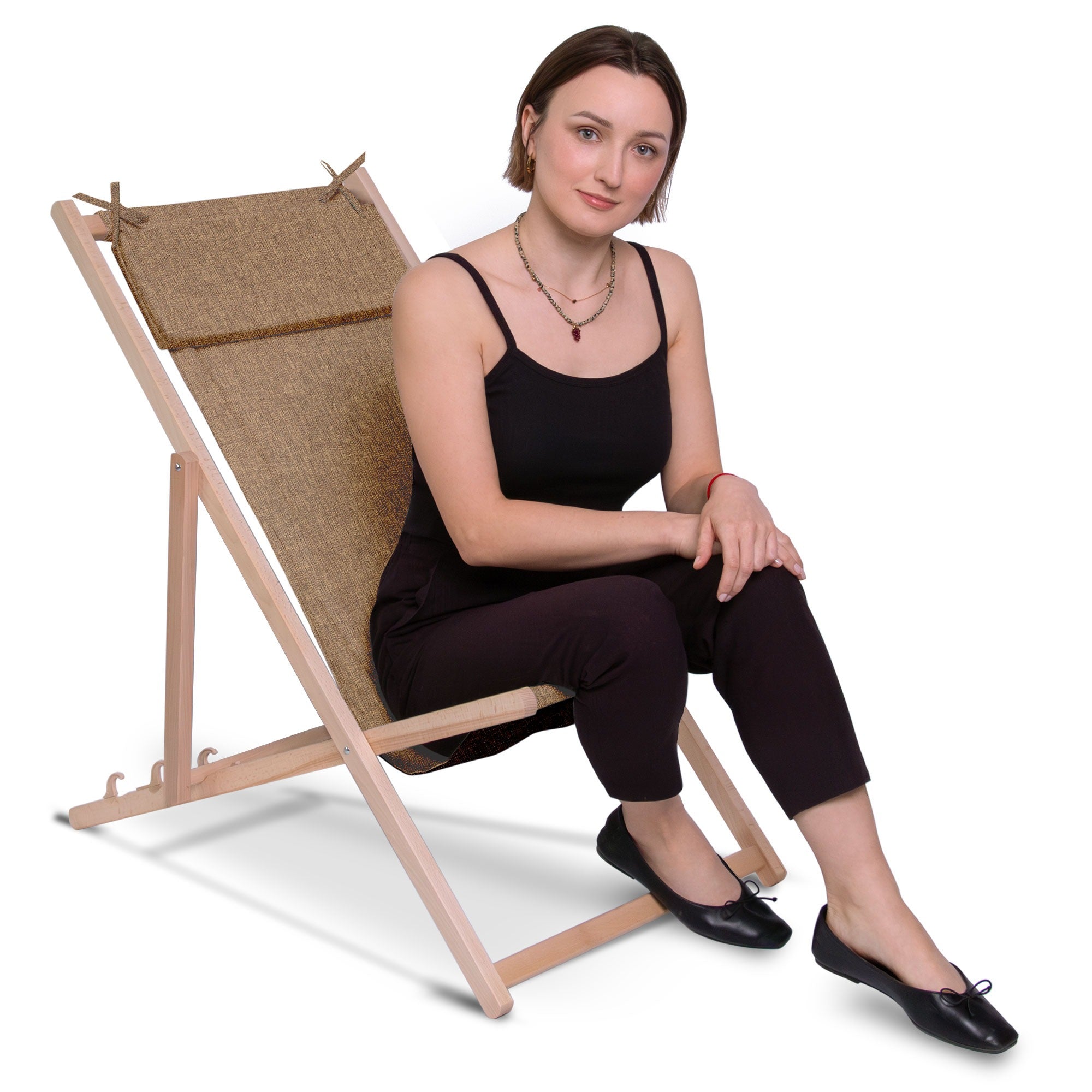 Holzliegestuhl mit Kissen Leinen-Imitat Cinnamon