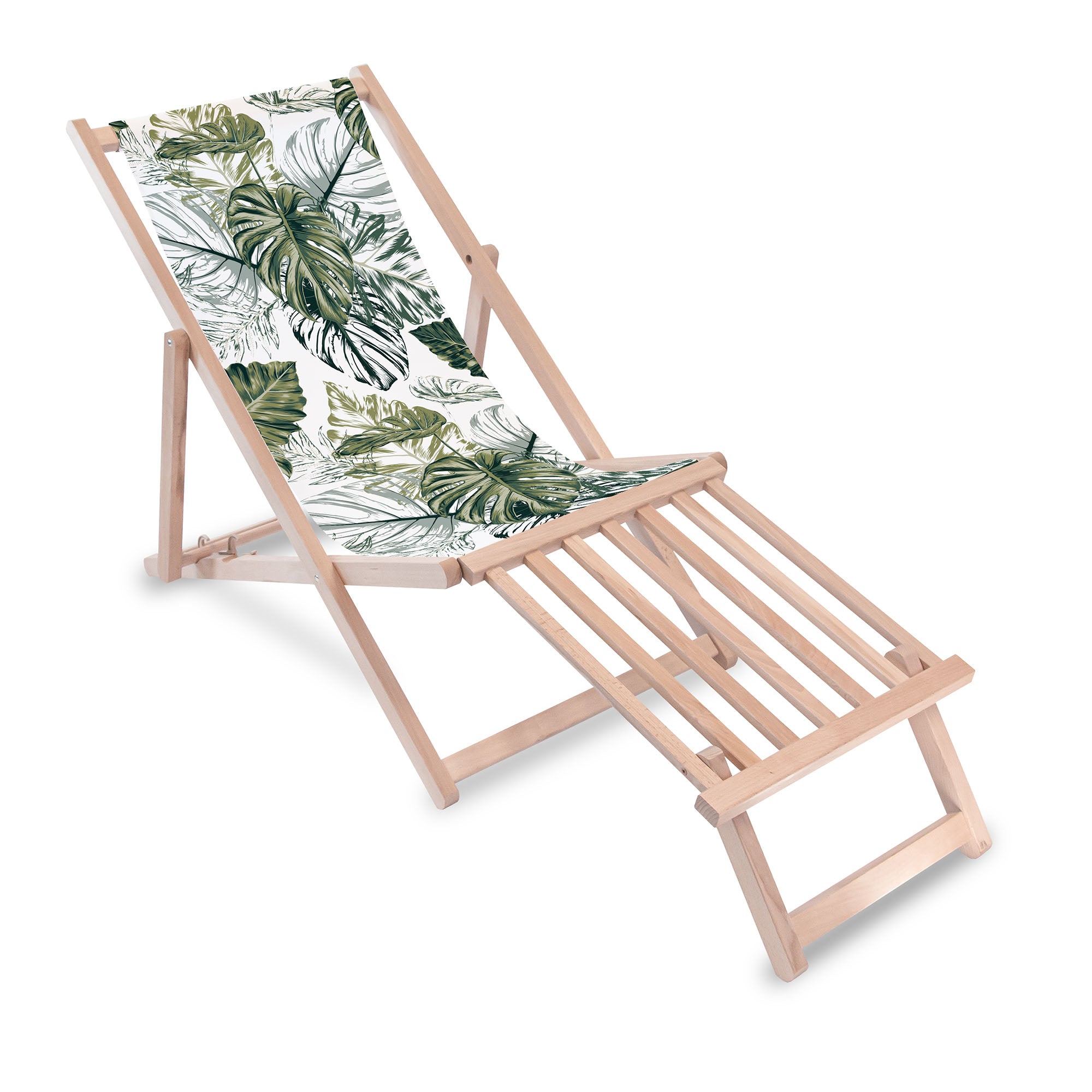 Dřevěné lehátko s dřevěnou podnožkou Monstera Green Leaf
