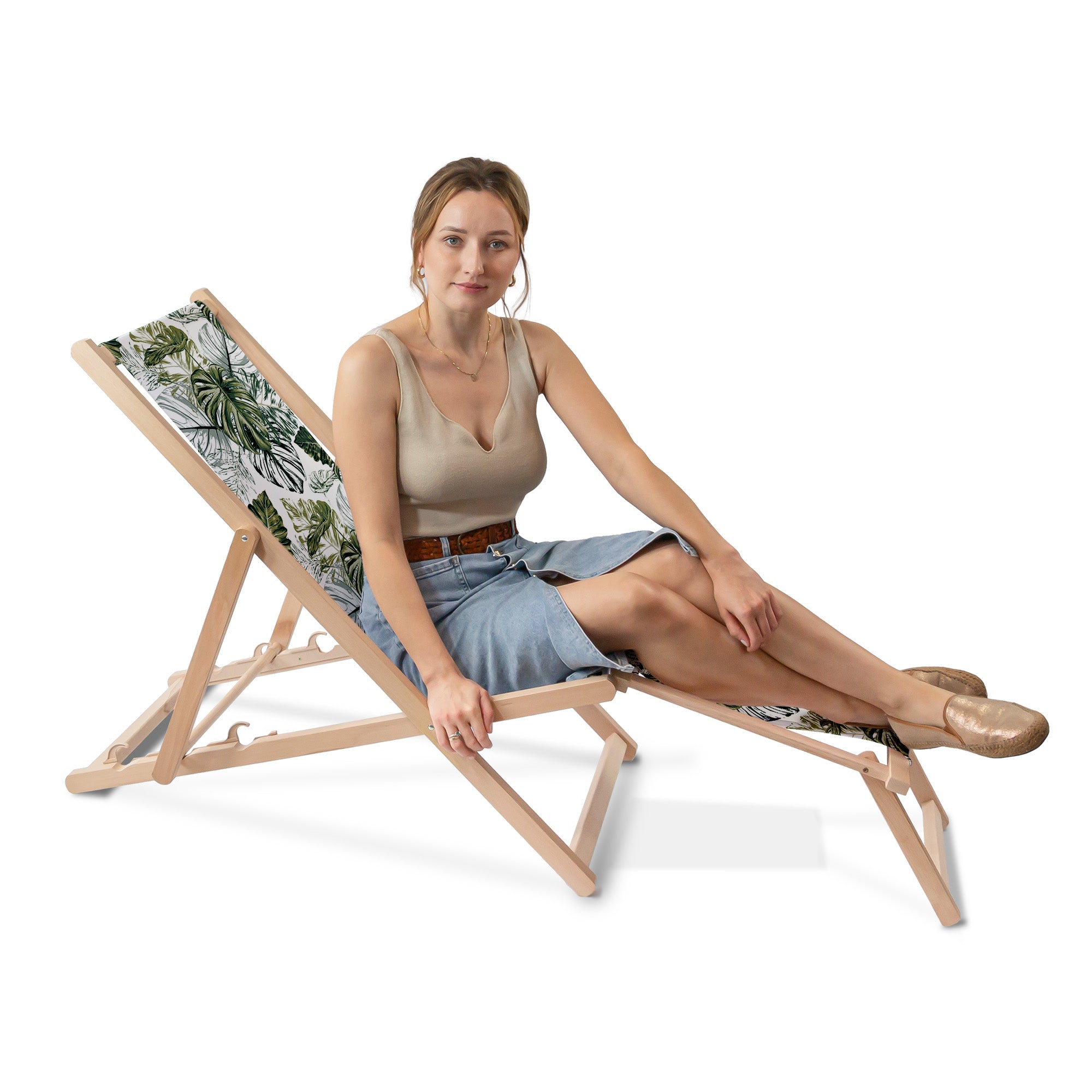 Holzliegestuhl mit Fußhocker Monstera Grünes Blatt