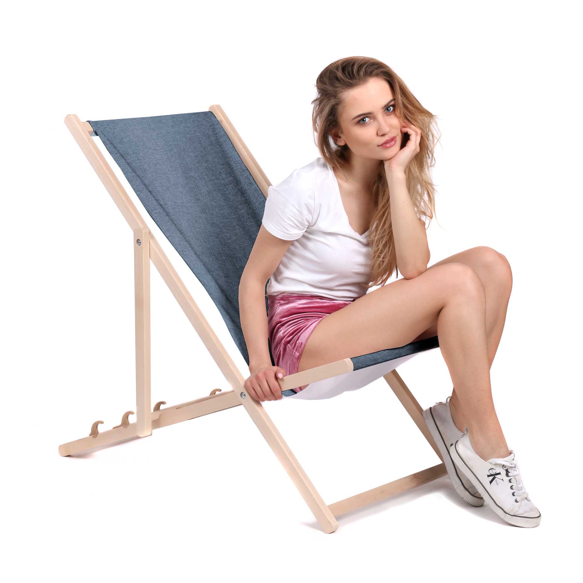 Holzliegestuhl Leinenimitation Denim Dream