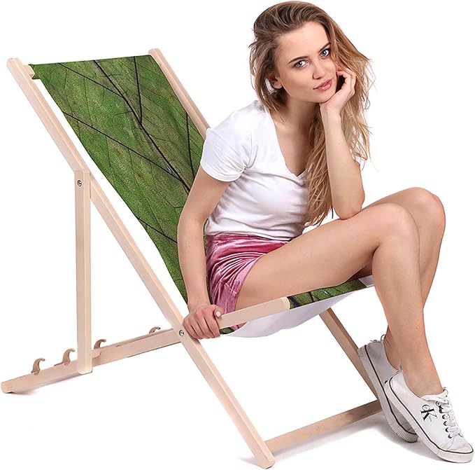 Vintage Wooden Deck Chair Green Leaf Blade