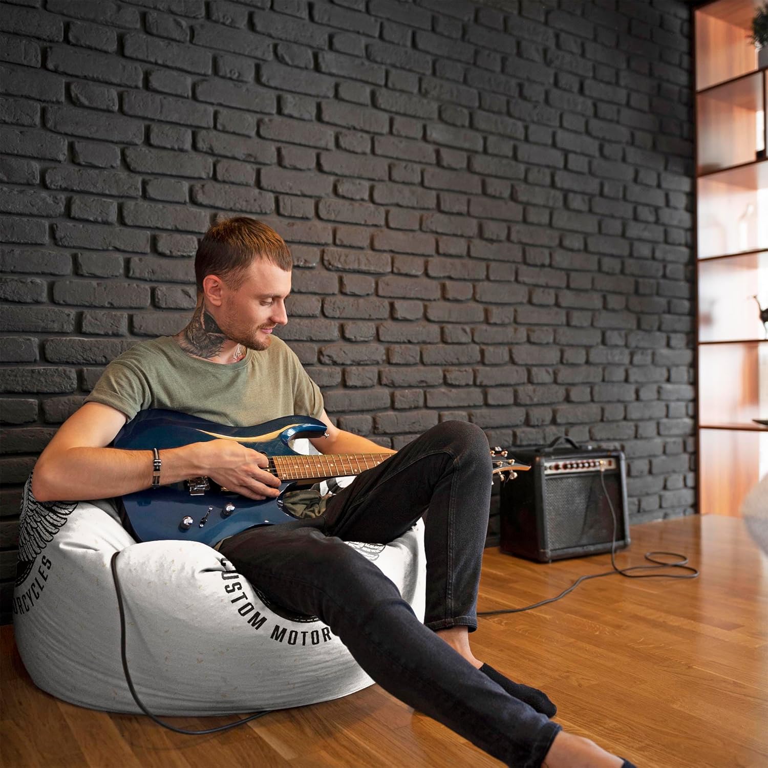 Pearshape Pouf with Footrest Vintage Motorbike-Velvet
