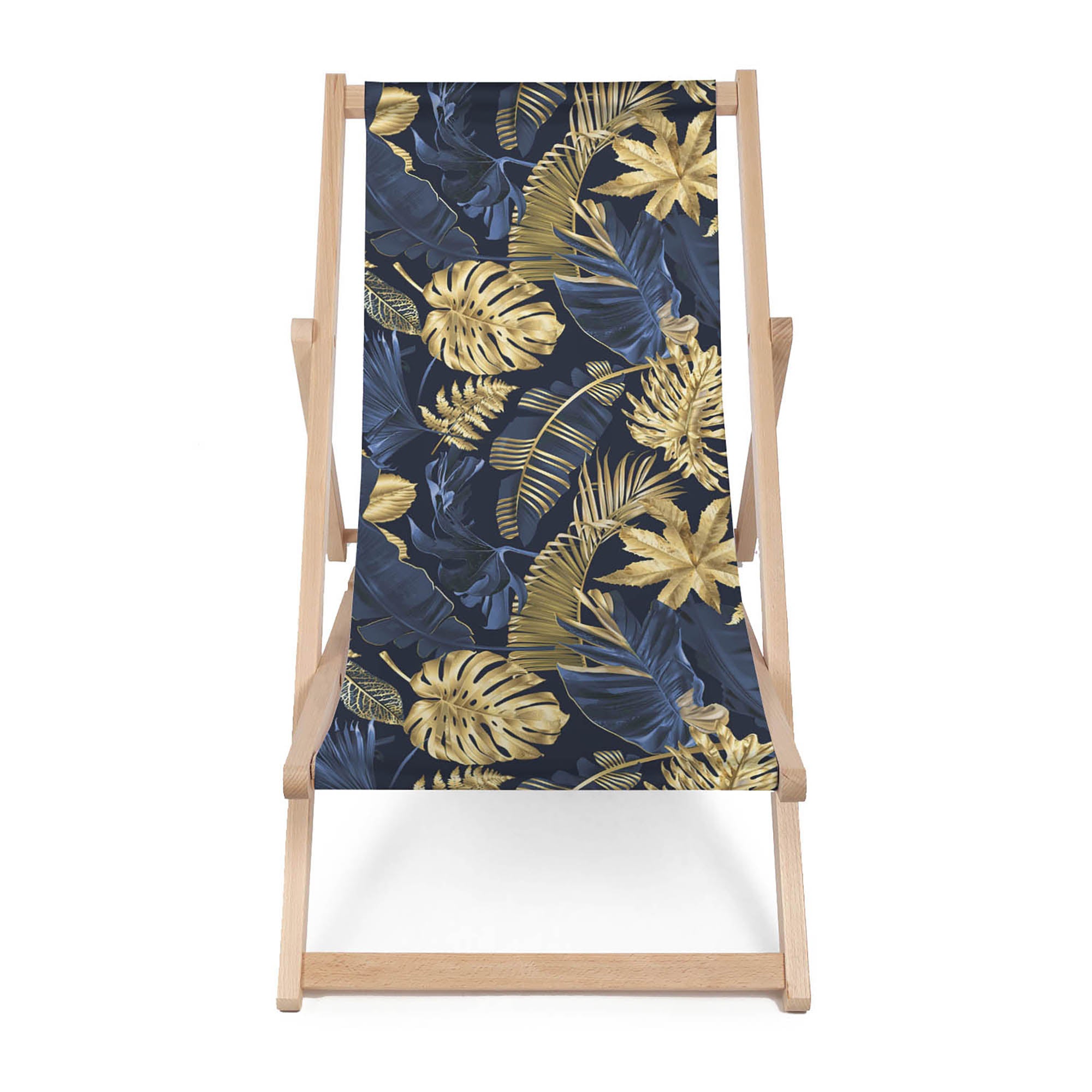Wooden Deck Chair Monstera Gold Navy Blue-M