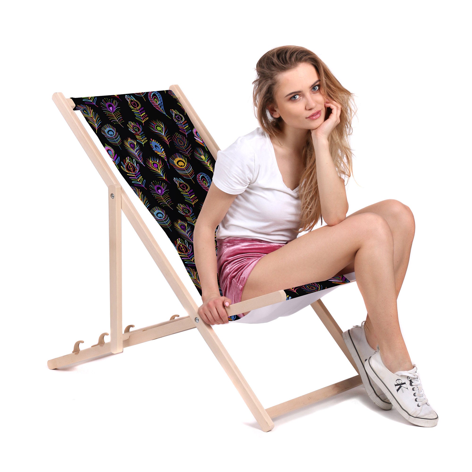 Wooden Deck Chair Colorful Peacock Eye-M
