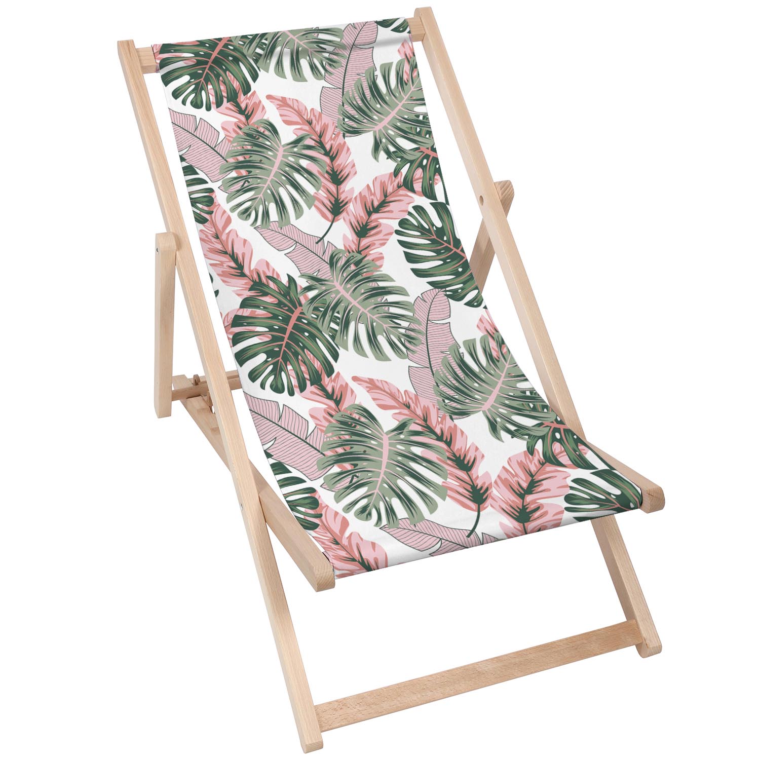 Wooden Deck Chair Tropical Pink and Green Leaves-M