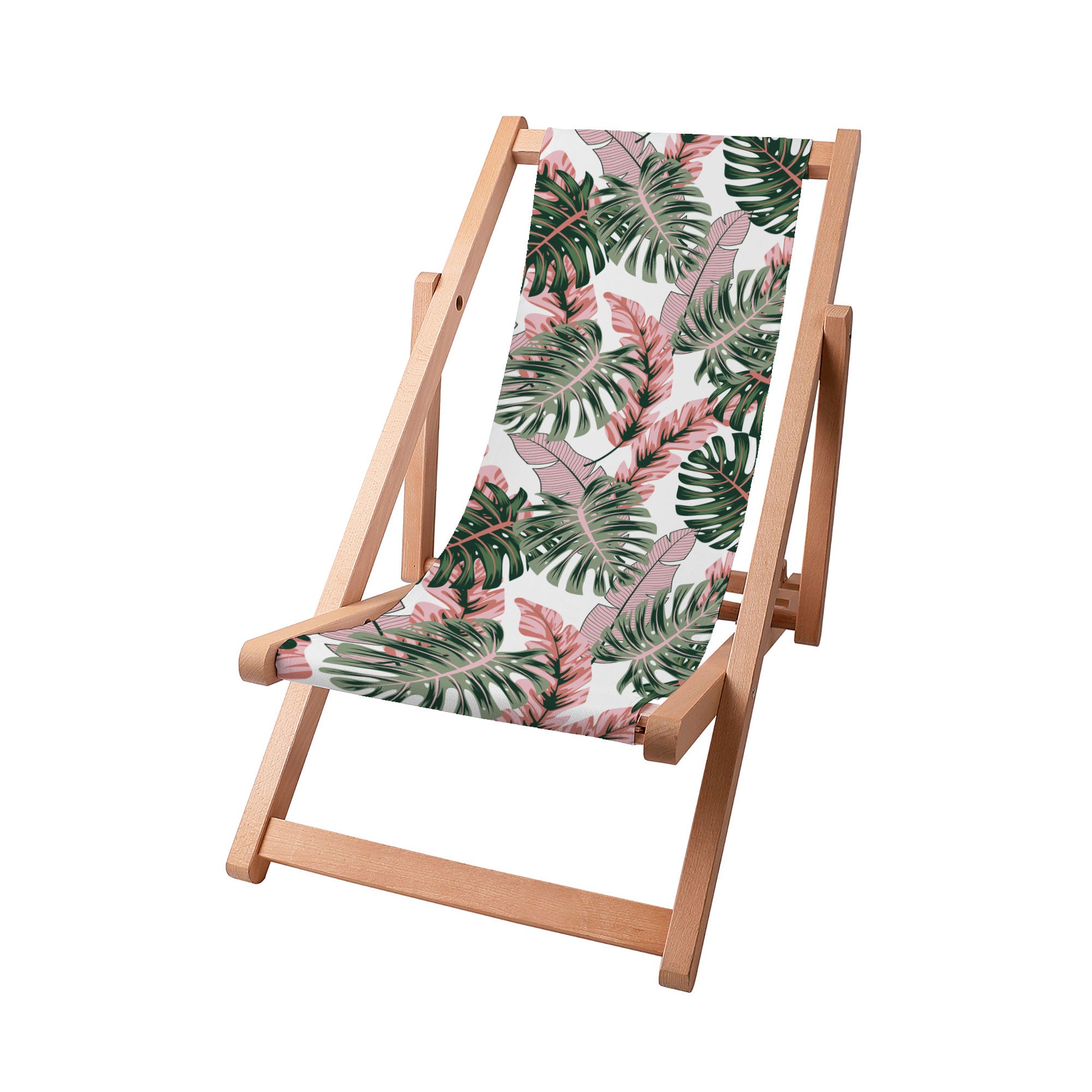 Wooden Deck Chair Tropical Pink and Green Leaves-S
