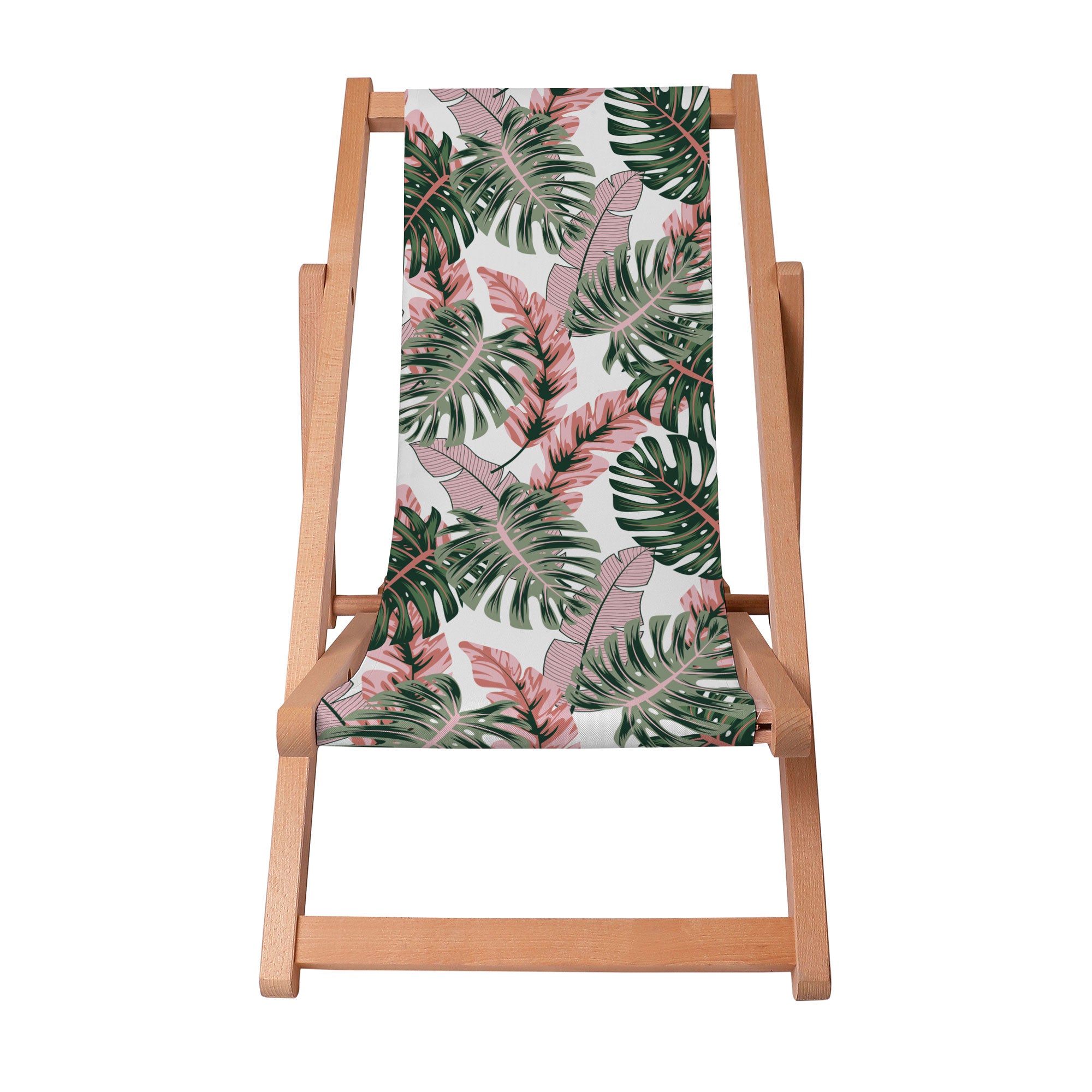 Wooden Deck Chair Tropical Pink and Green Leaves-S