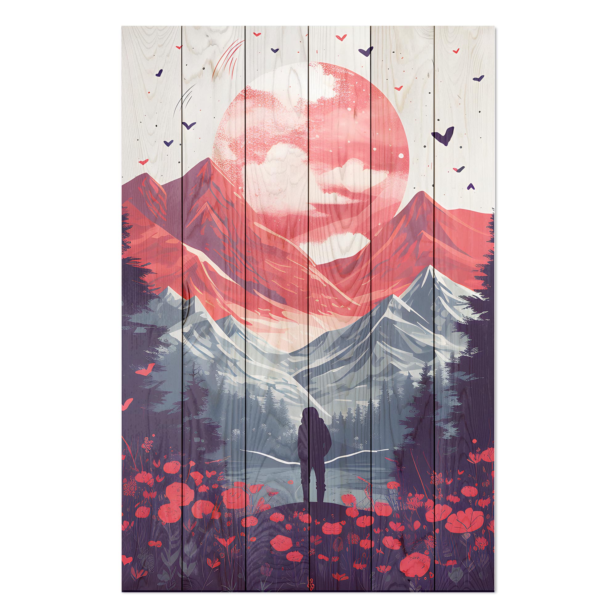 Obraz Wood Růžový měsíc nad horami-70x90 cm