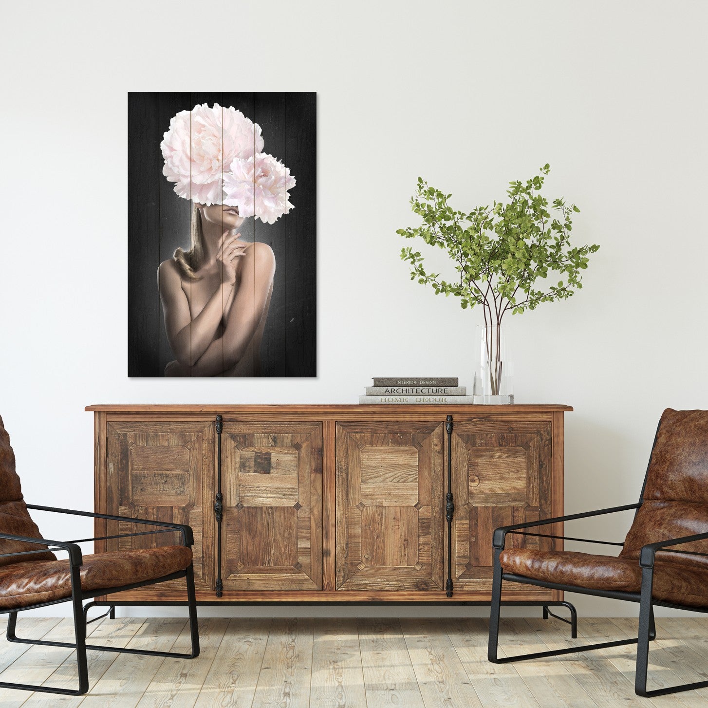 Obraz Wood Žena s ružovými pivonkami-40x60 cm