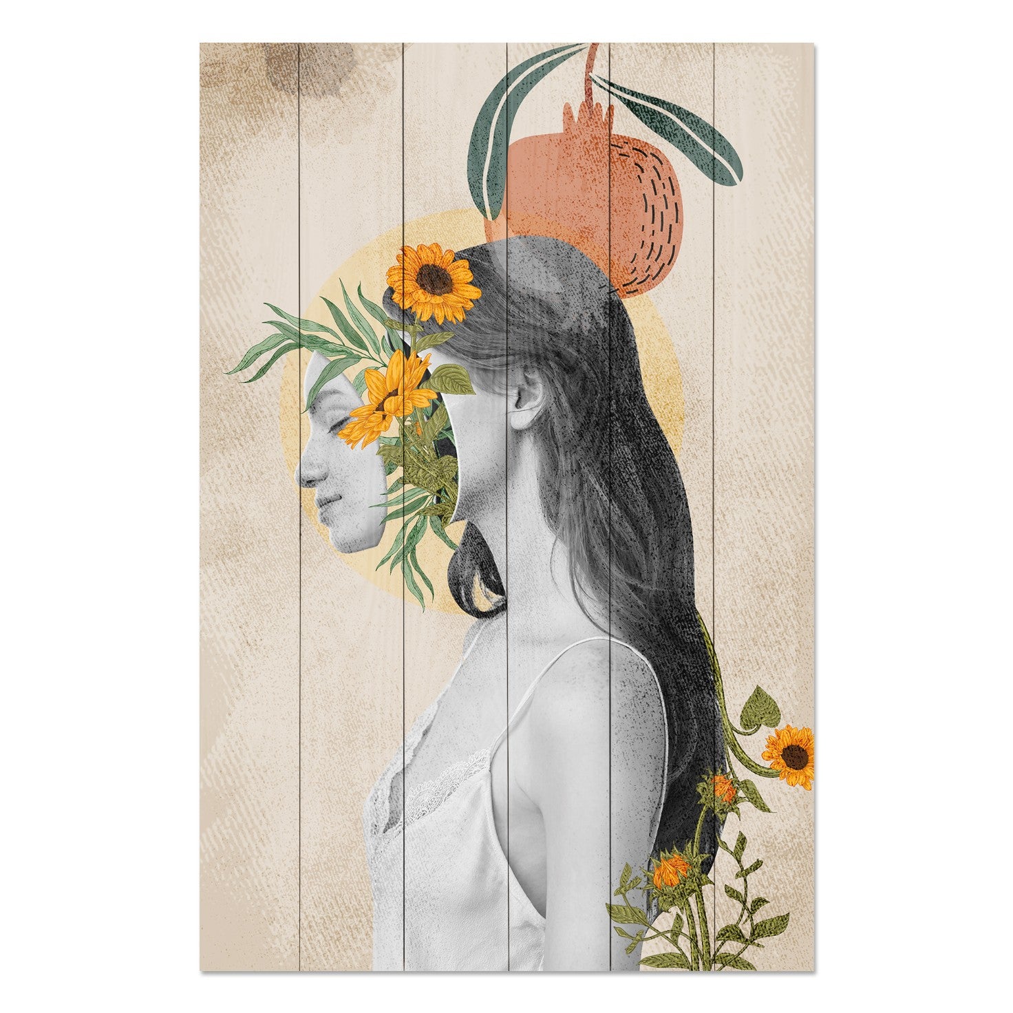 Bild Wood Frau mit Kopf in Blumen-70x90 cm