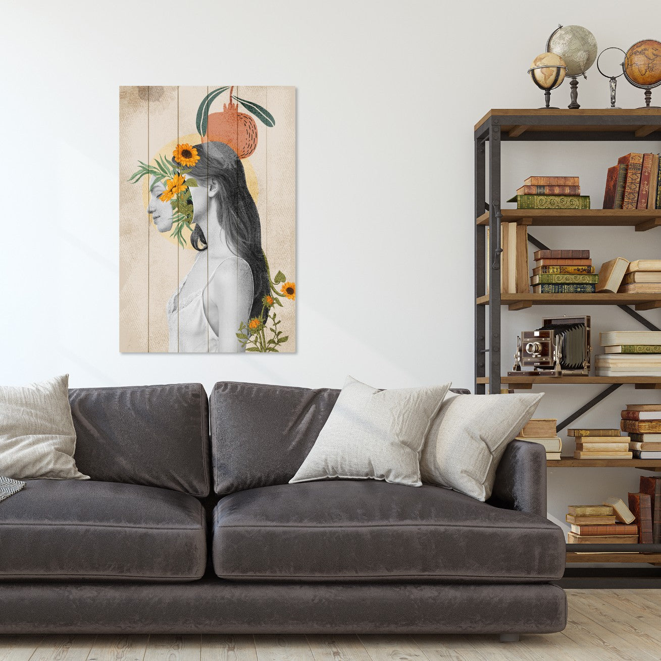 Bild Wood Frau mit Kopf in Blumen-70x90 cm