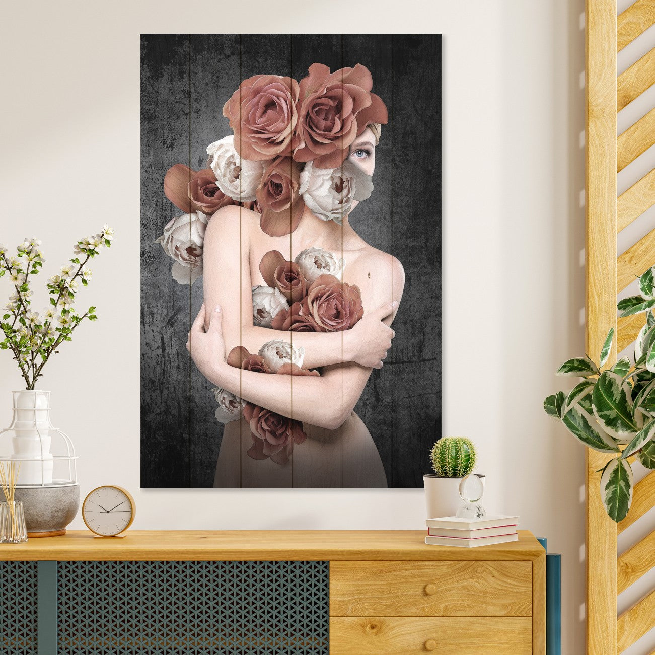 Obraz Wood Žena v květinách-50x70 cm
