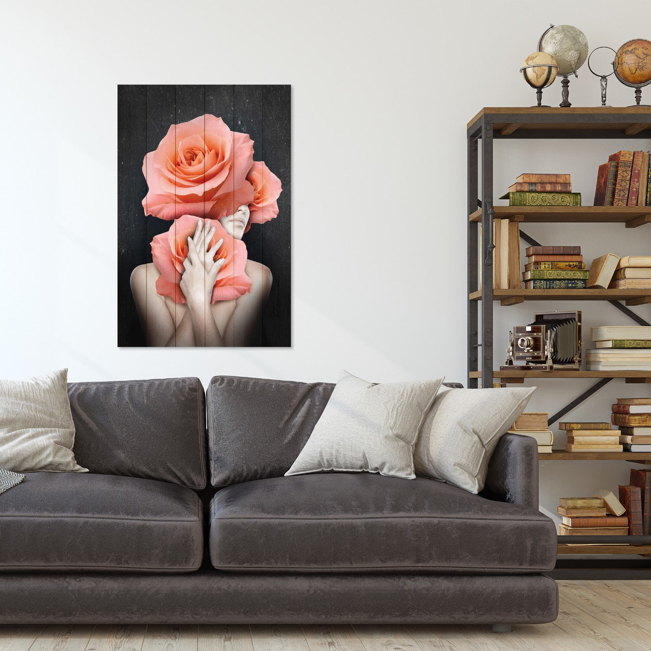 Obraz Wood Žena objímajúca kvety-50x70 cm