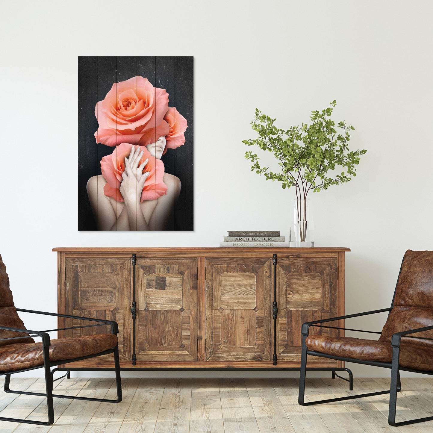 Obraz Wood Žena objímajúca kvety-50x70 cm