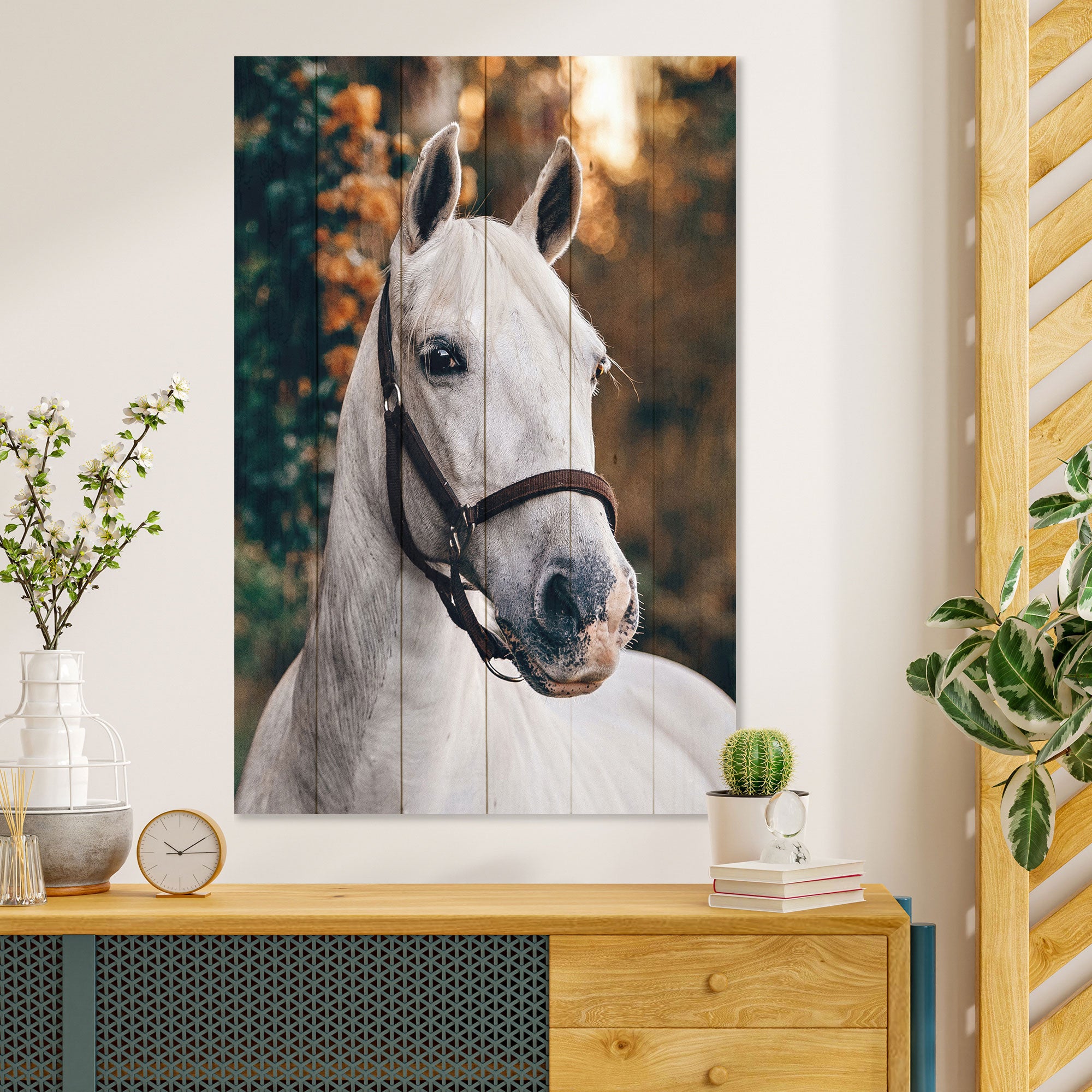 Wood Picture White Horse-50x70 cm