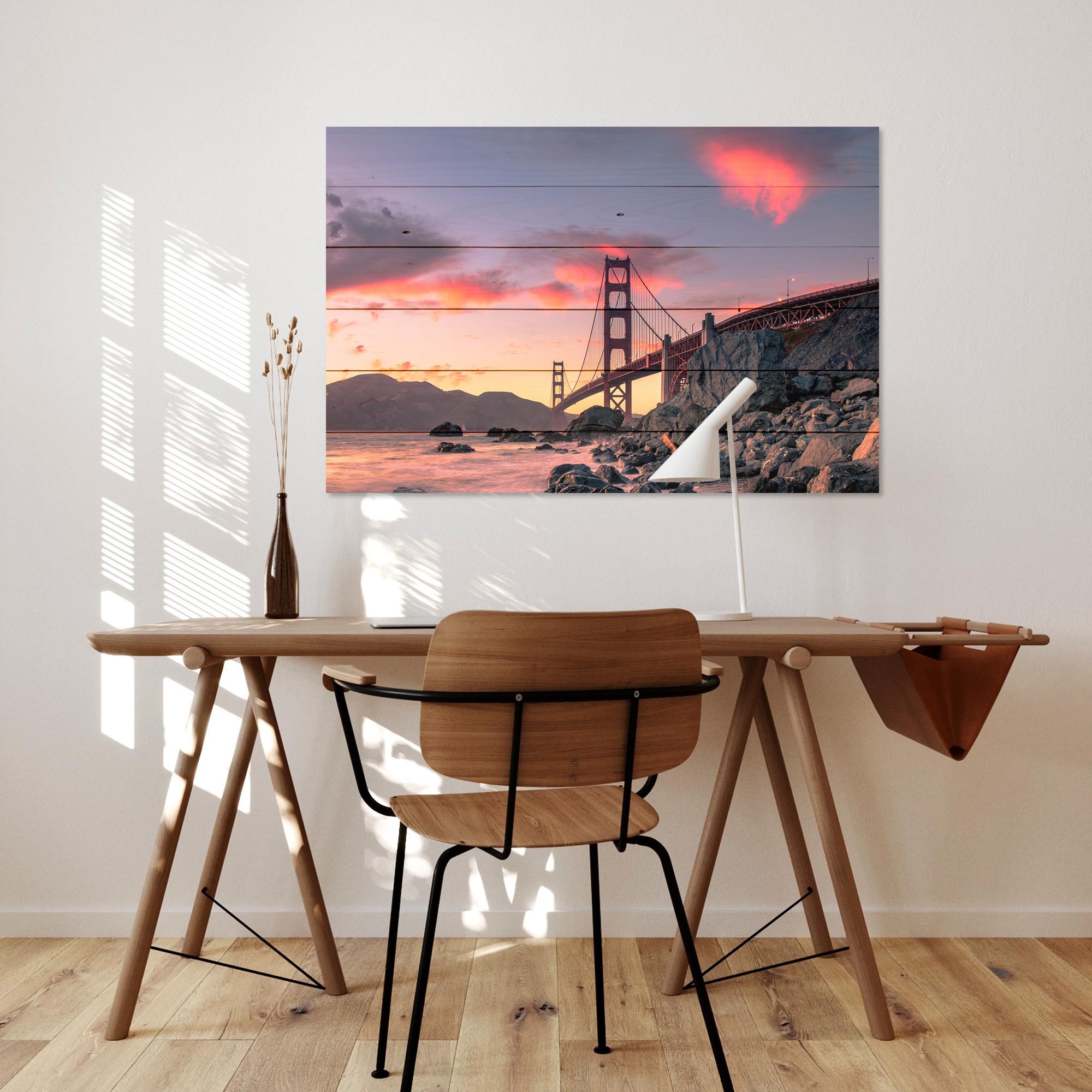 Obraz Wood Západ slunce nad Golden Gate Bridge