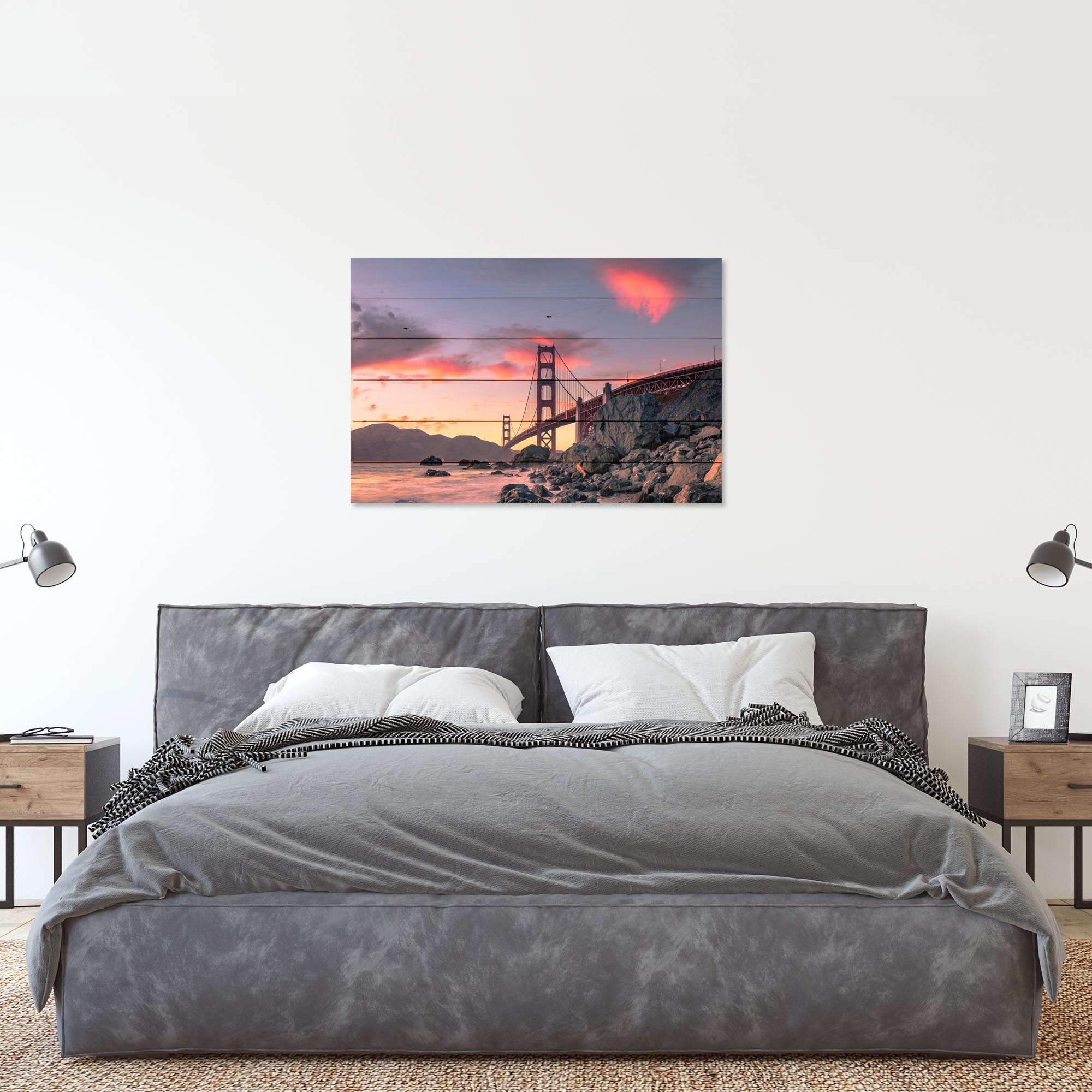Bild Holz Sonnenuntergang über der Golden Gate Bridge-70x90 cm