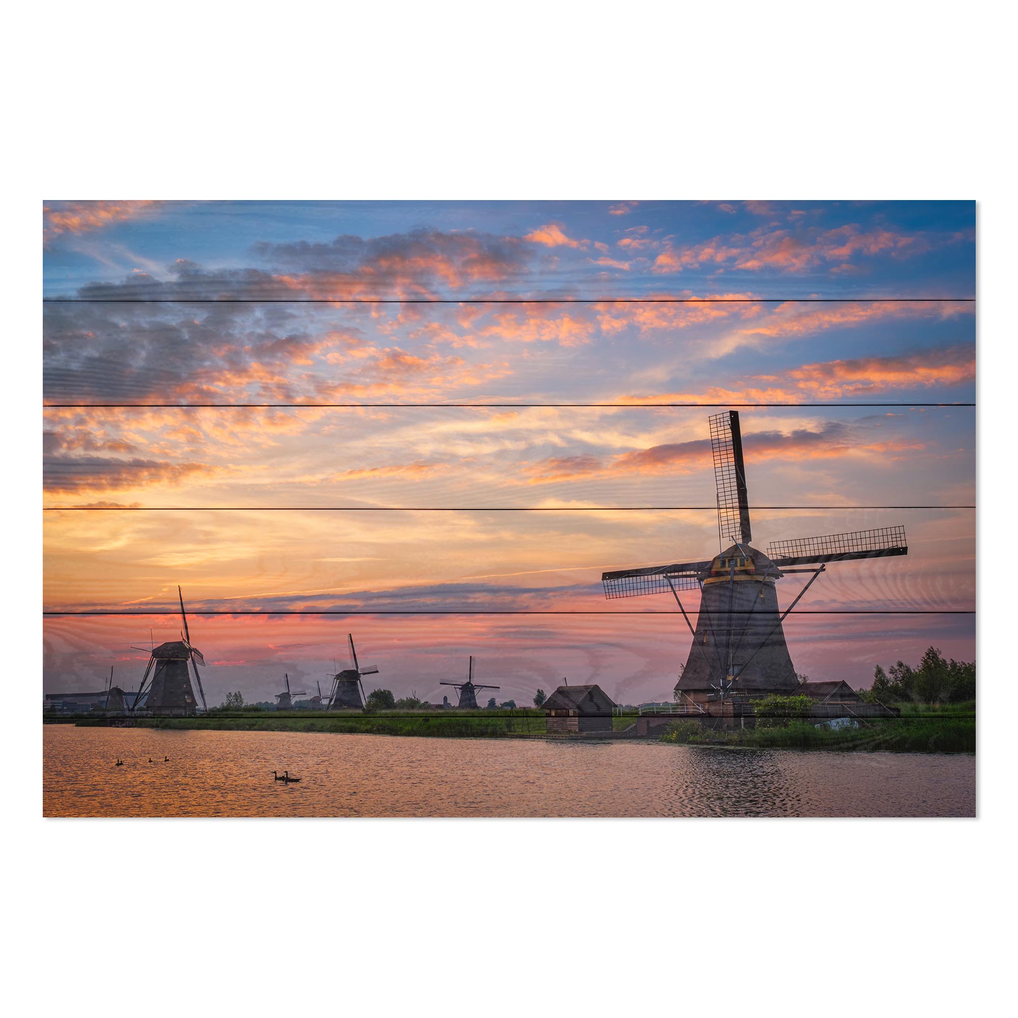Bild Holz Sonnenuntergang über der Mühle-70x90 cm