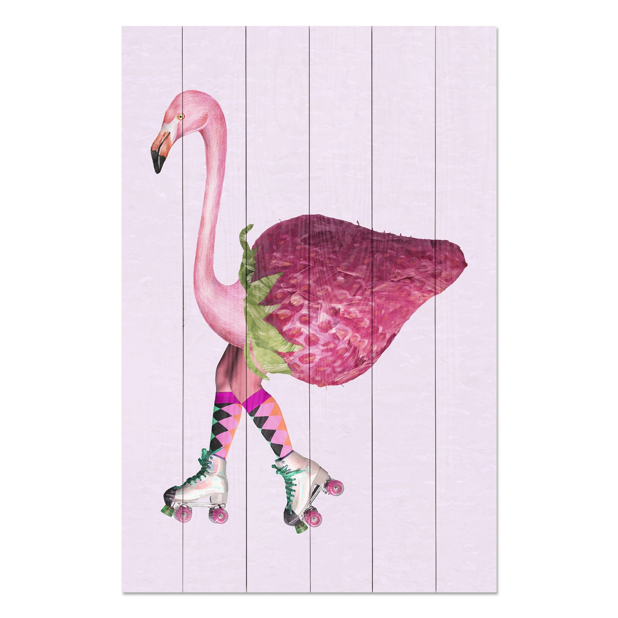 Bild Holz Rosa Flamingo mit Erdbeere-50x70 cm
