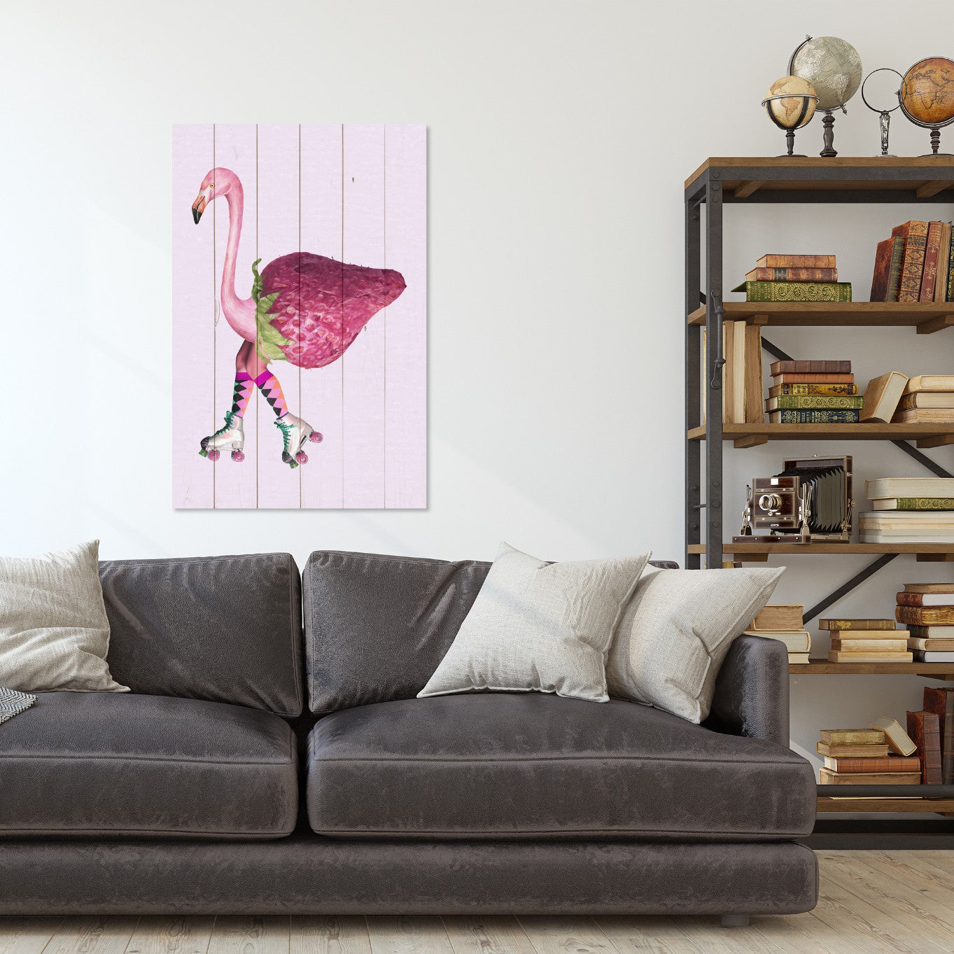 Bild Holz Rosa Flamingo mit Erdbeere-50x70 cm