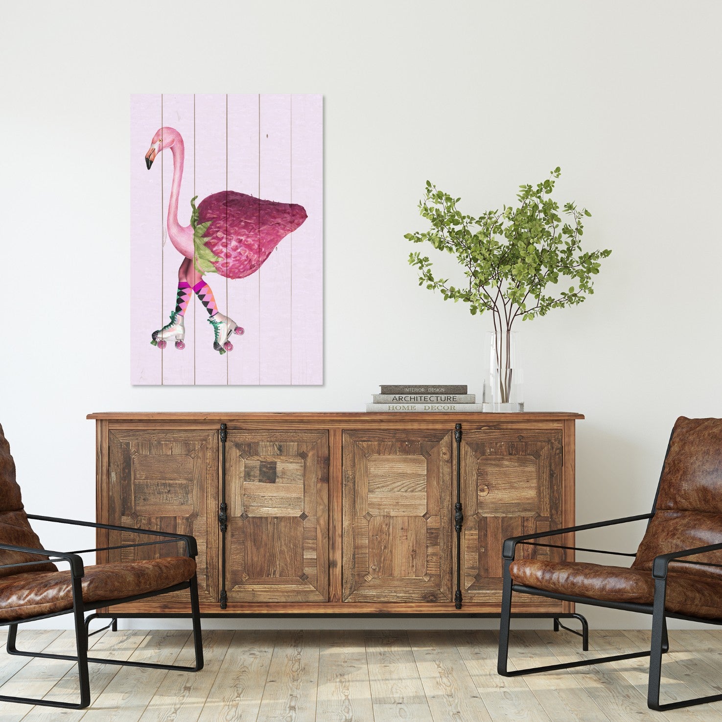 Bild Holz Rosa Flamingo mit Erdbeere