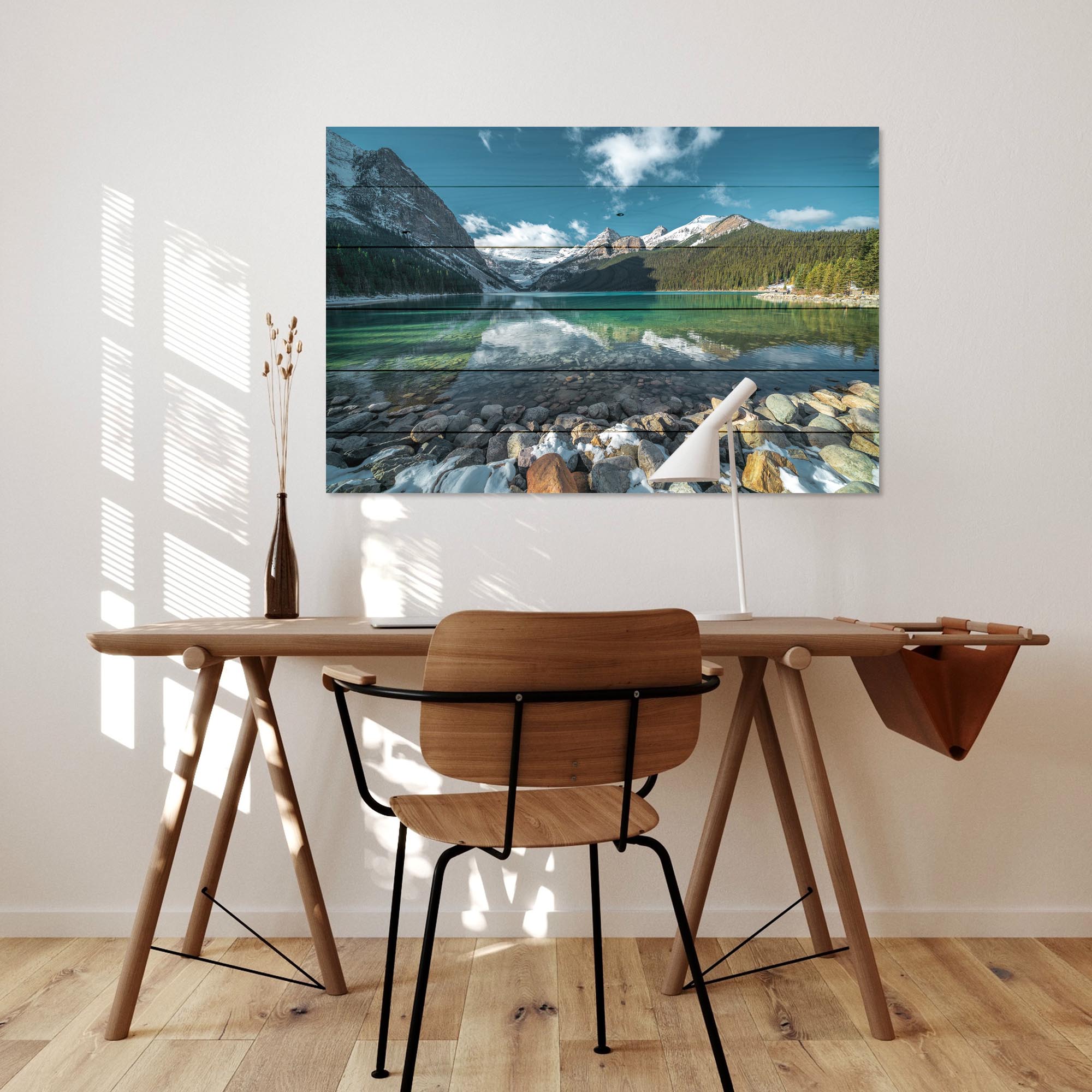 Bild Holz Türkiser See und Berge-70x90 cm
