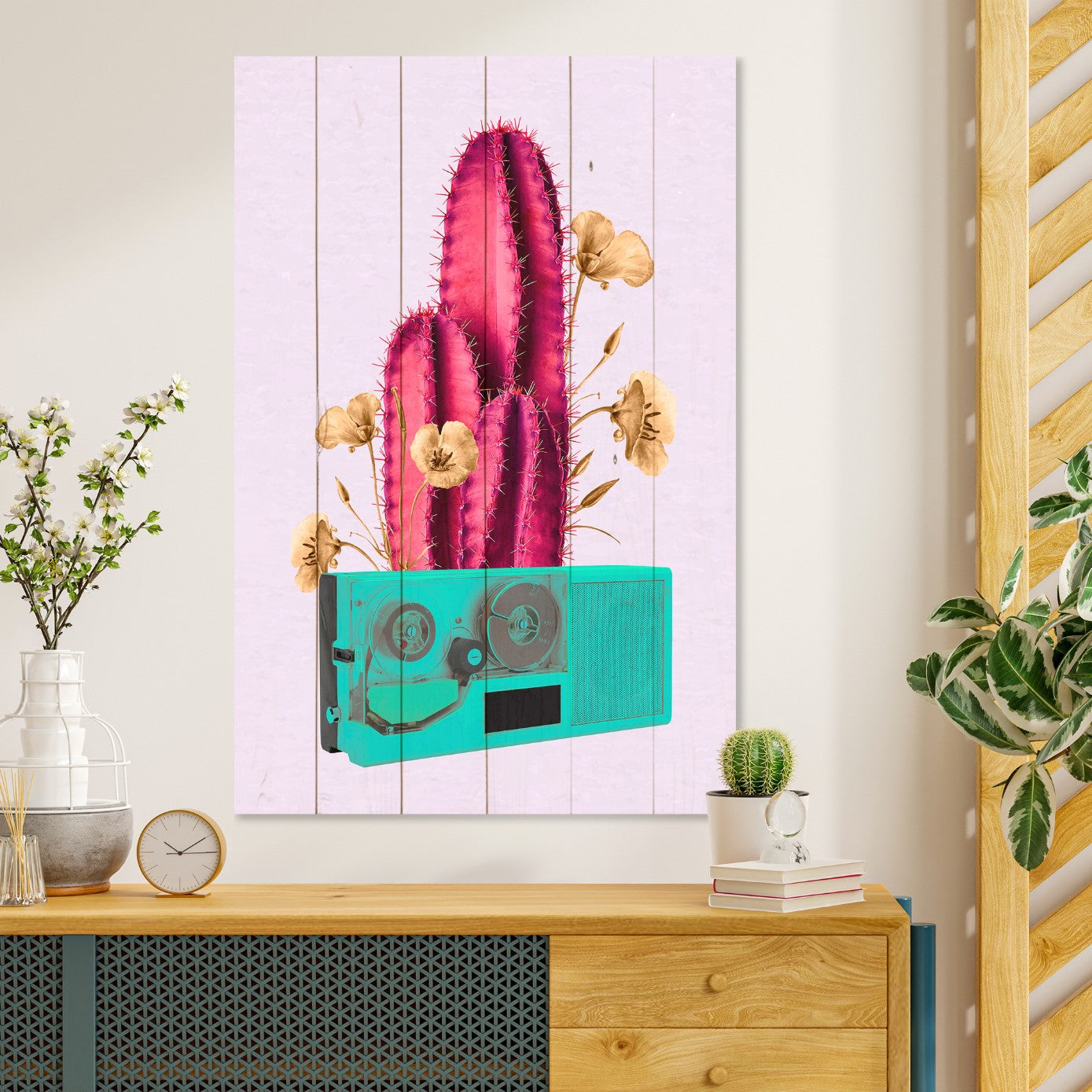 Wood Picture Retro Pink Cactus on Radio
