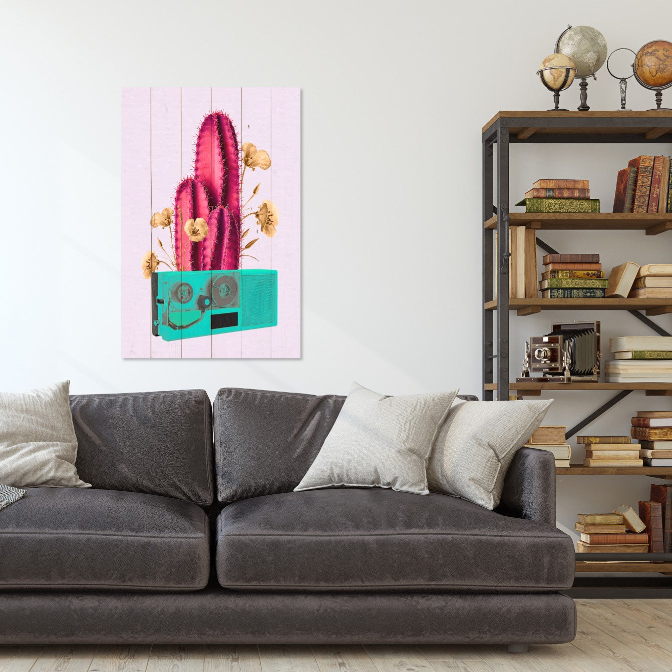 Obraz Wood Retro růžový kaktus na rádiu-40x60 cm