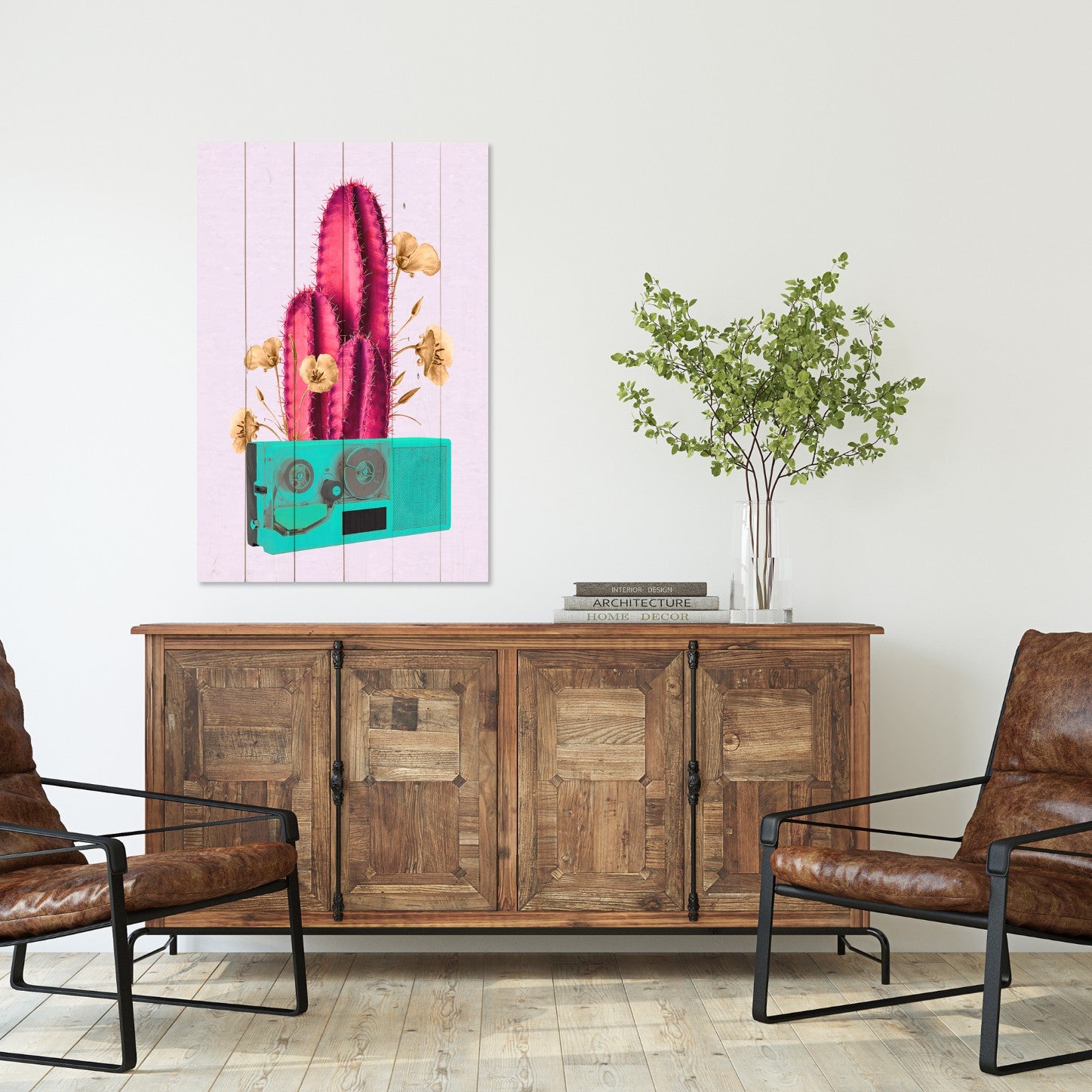 Wood Picture Retro Pink Cactus on Radio