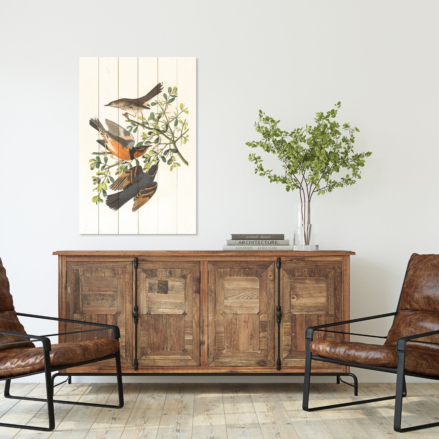 Wood Picture Three Birds on a Branch-70x90 cm