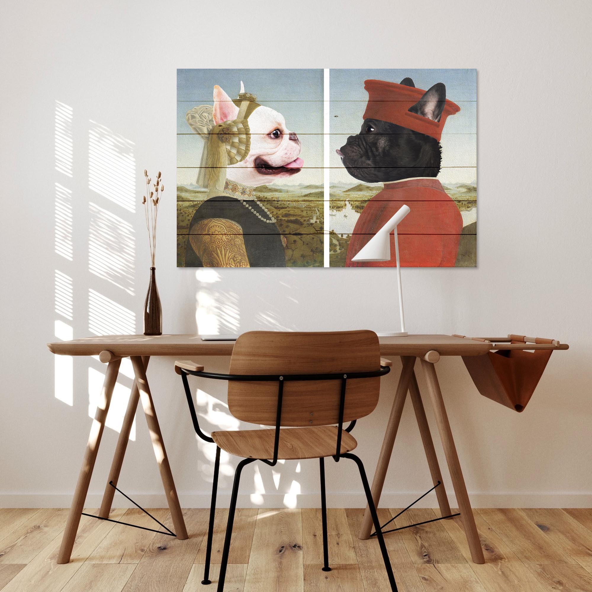 Obraz Wood Frenchie Frederico so ženou-60x90 cm