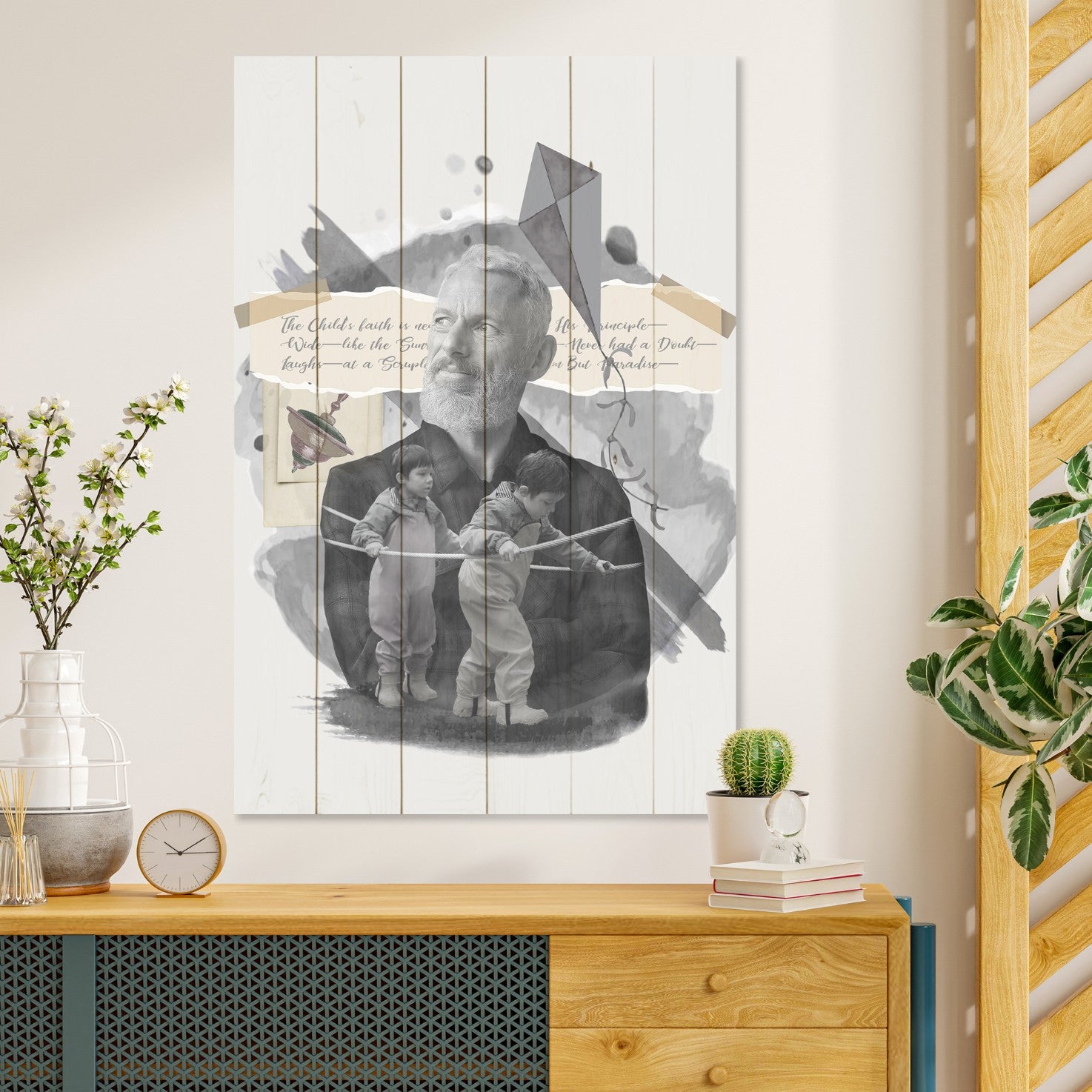 Wood Picture Old Man and Little Kids-60x90 cm