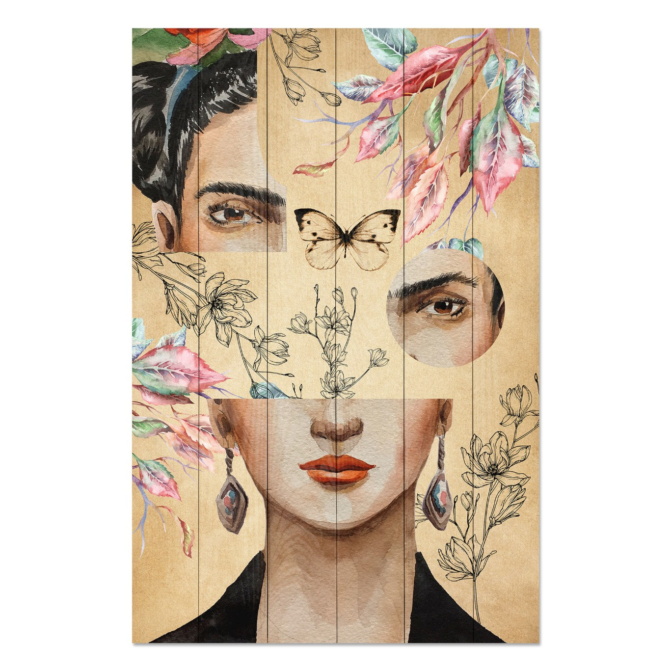 Wood Picture Frida and Flower Collage-50x70 cm