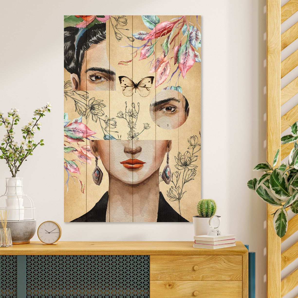 Obraz Wood Frida a koláž kvetov
