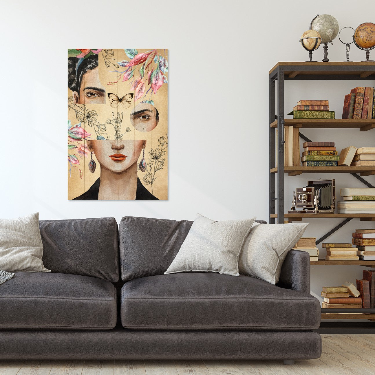 Obraz Wood Frida a koláž kvetov