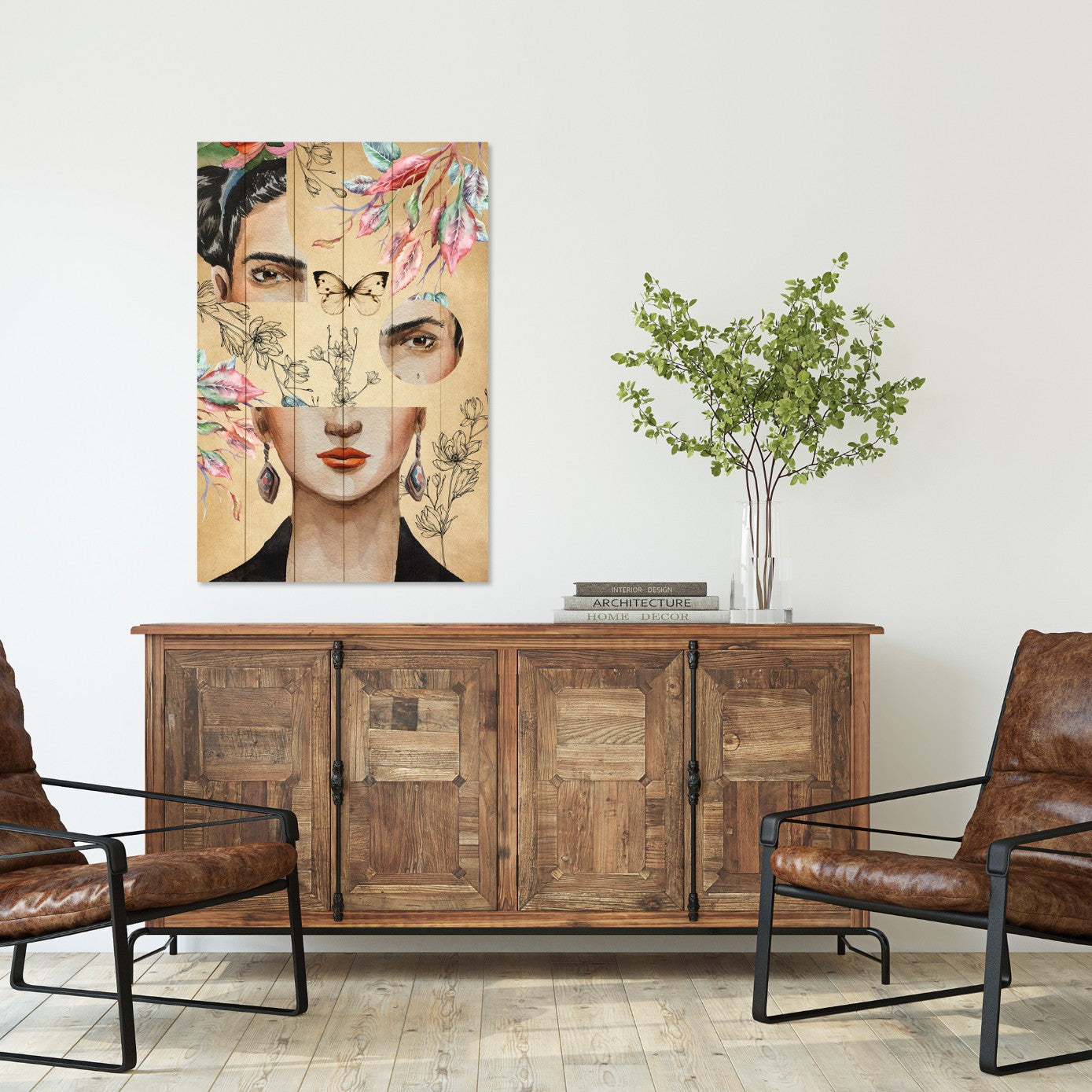 Obraz Wood Koláž Frida a Kvet-60x90 cm