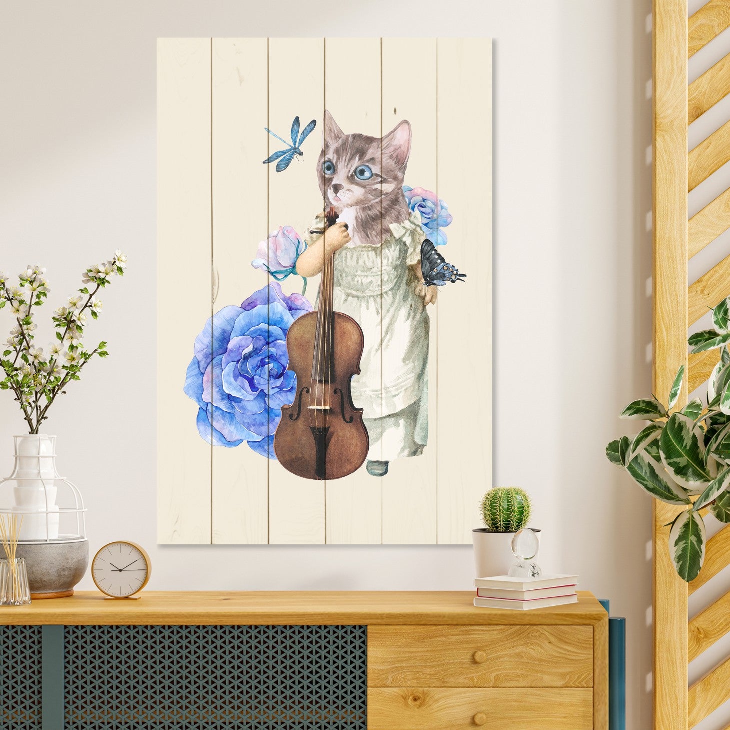 Obraz Wood Mačka s husľami v kvetoch-40x60 cm