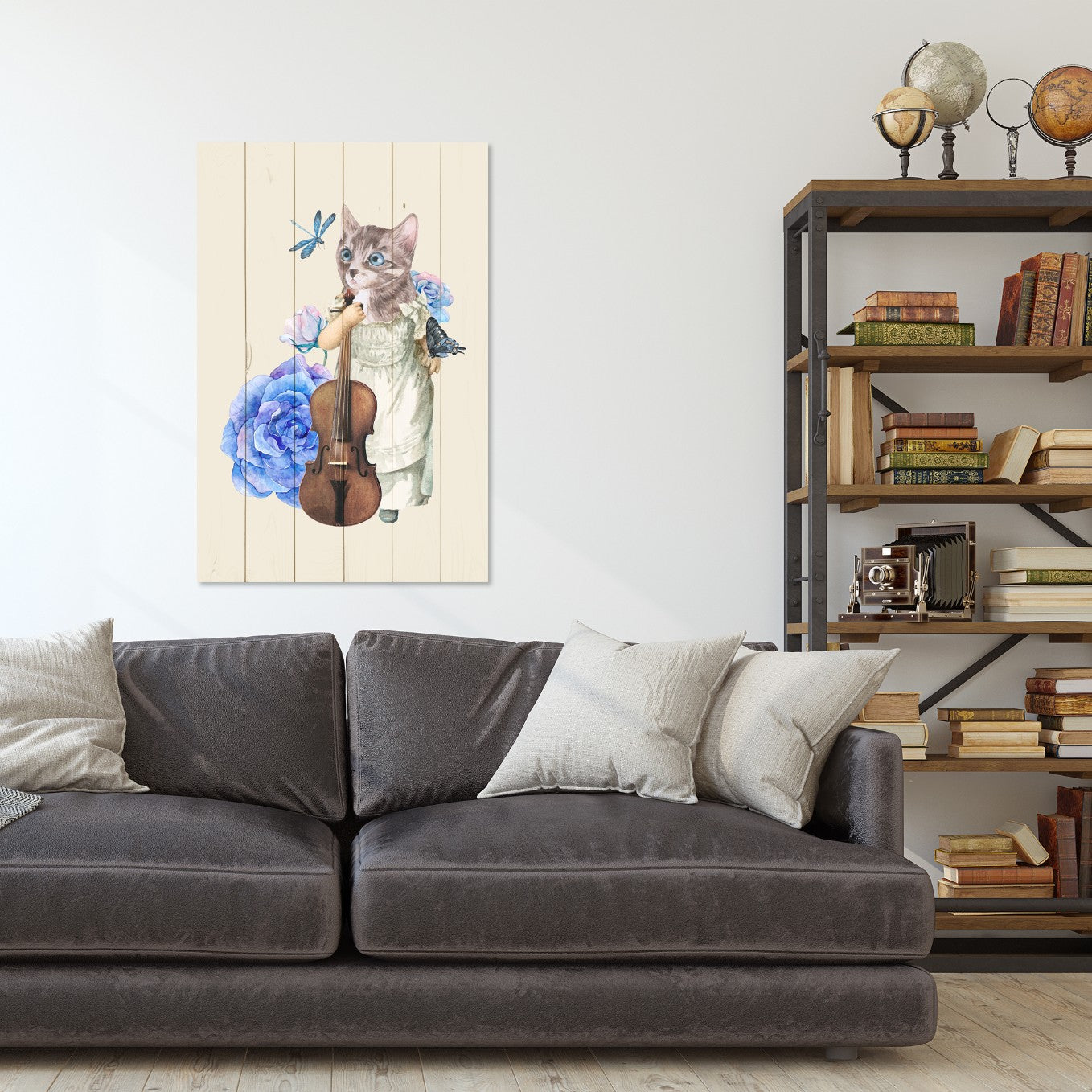 Obraz Wood Mačka s husľami v kvetoch-40x60 cm