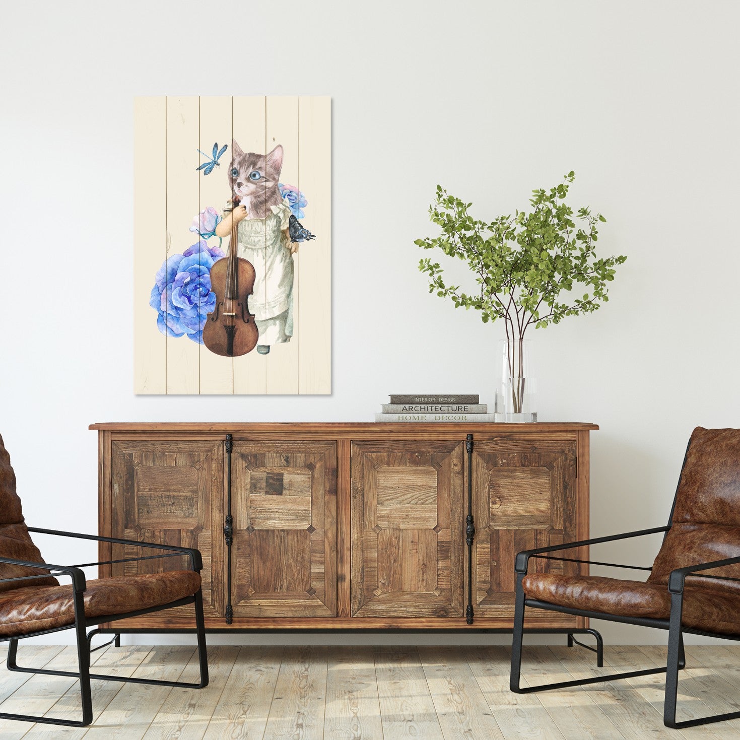Obraz Wood Mačka s husľami v kvetoch-40x60 cm