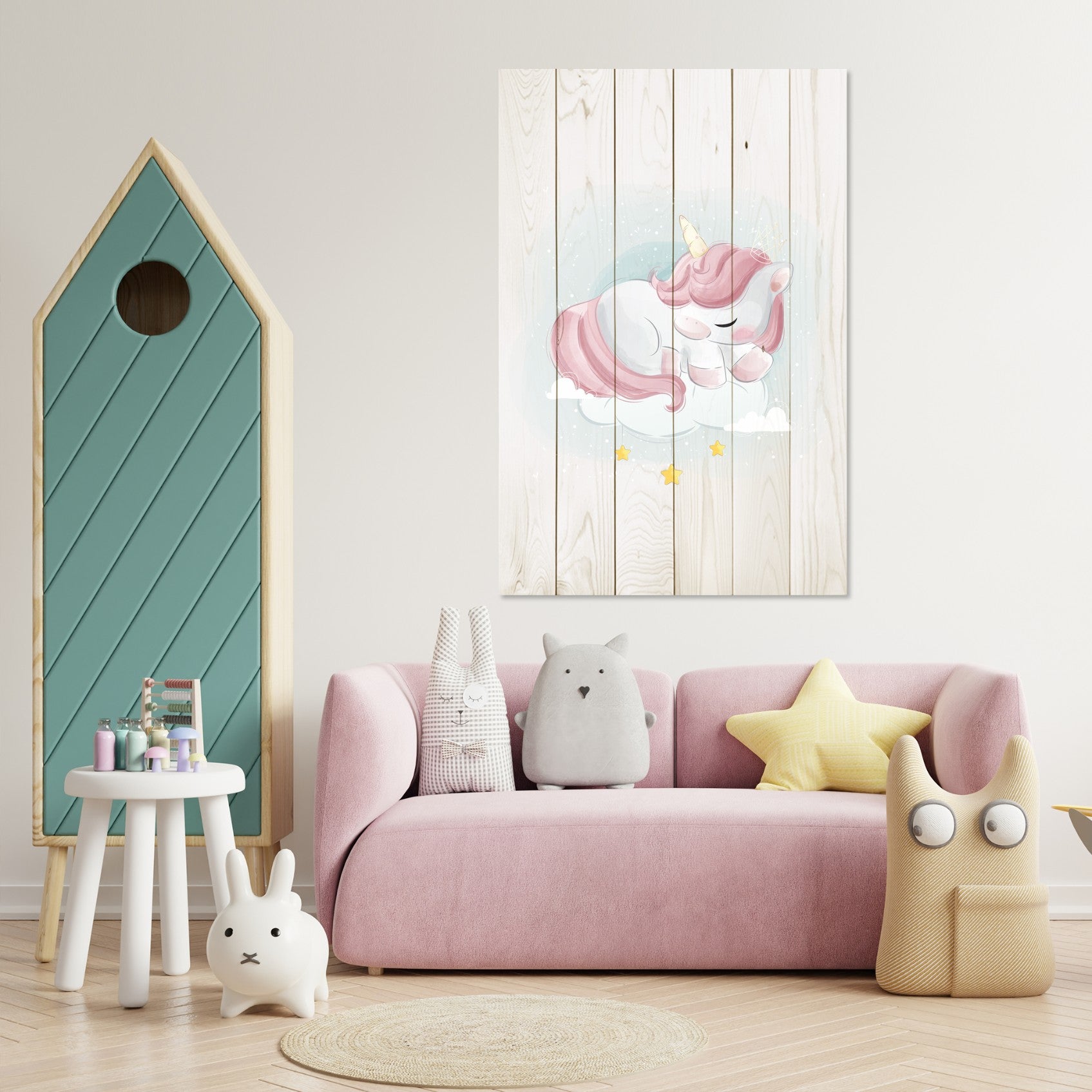 Wood Picture Sweet Unicorn Sleeping Cloud-60x90 cm