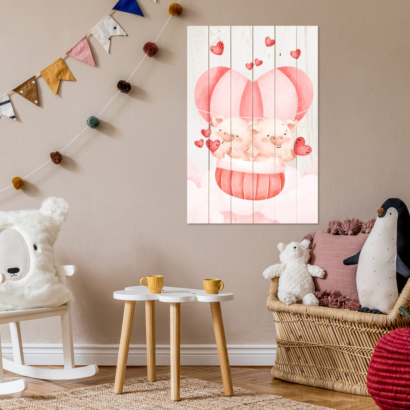 Obraz Wood Pig Couple with Hearts-30x40 cm