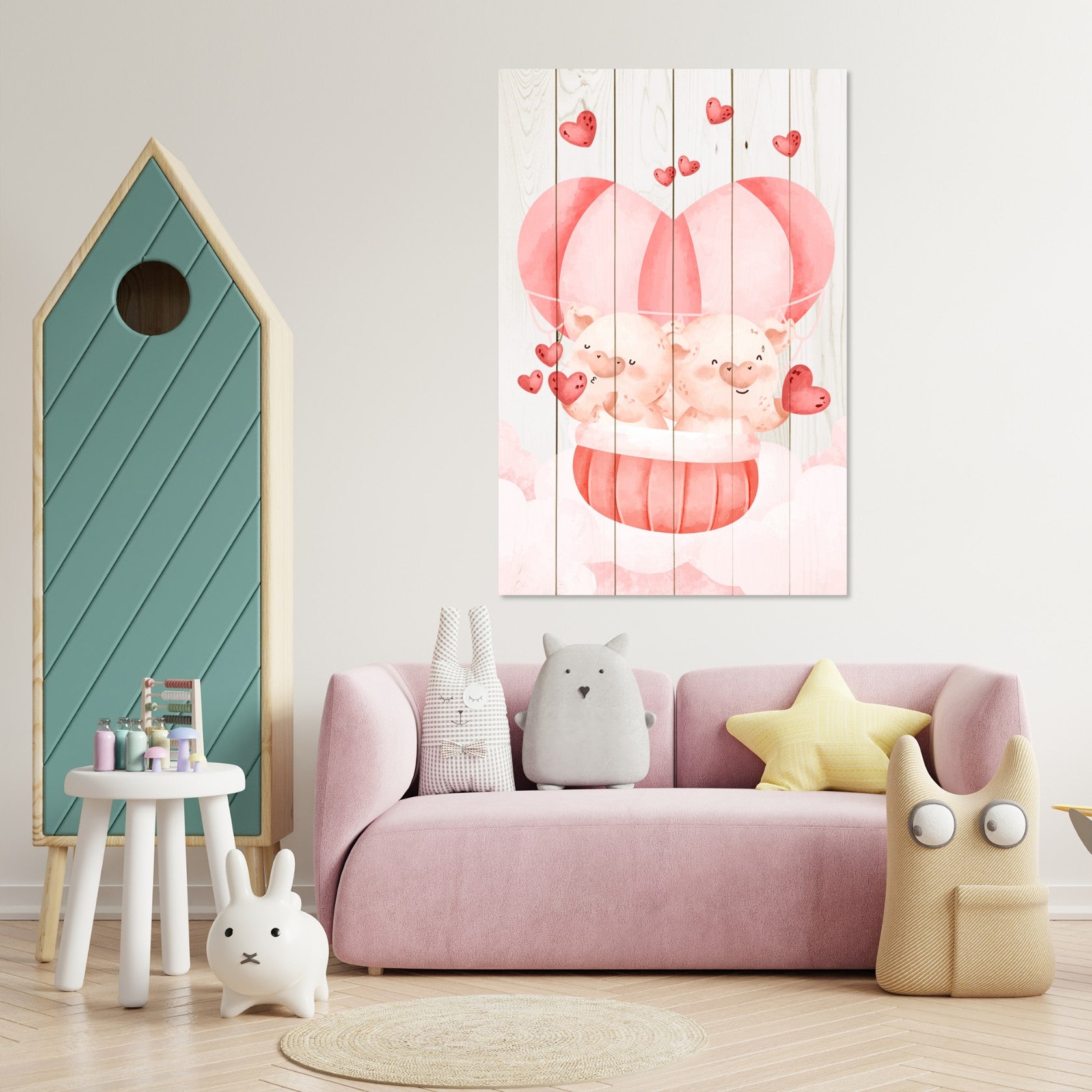 Obraz Wood Pig Couple with Hearts-20x30 cm