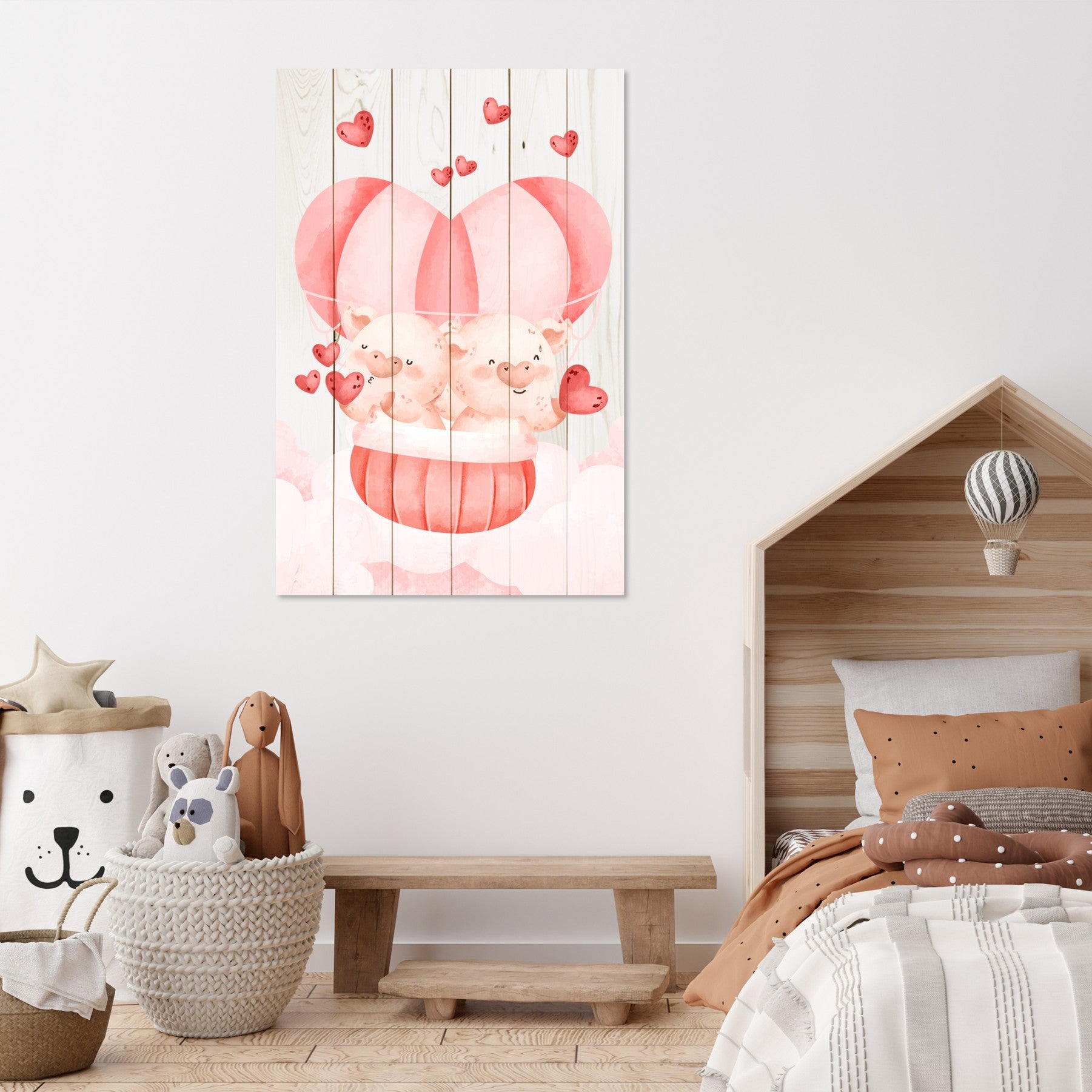 Obraz Wood Pig Couple with Hearts-30x30 cm