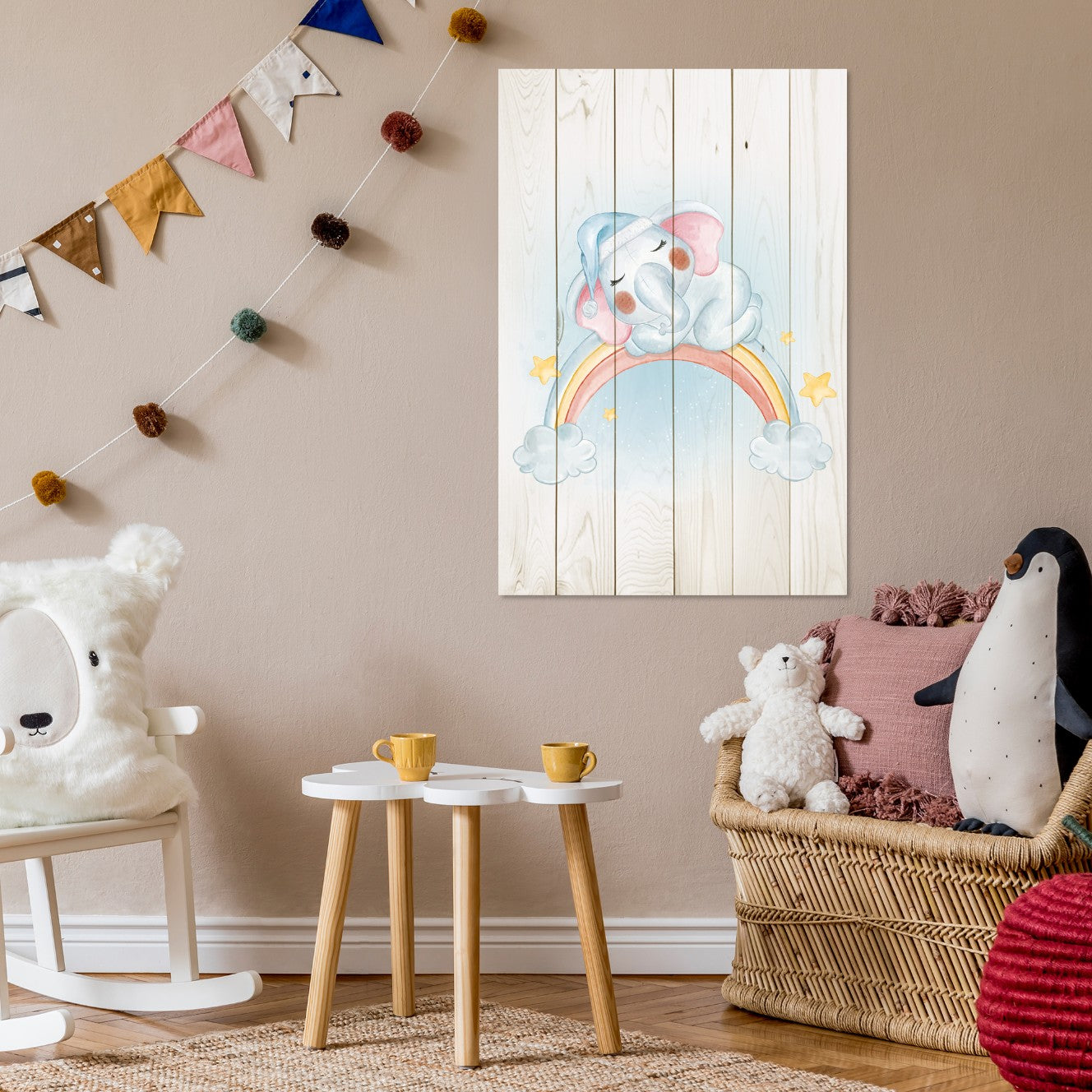 Bild Wood Kleiner Elefant auf dem Regenbogen-60x90 cm