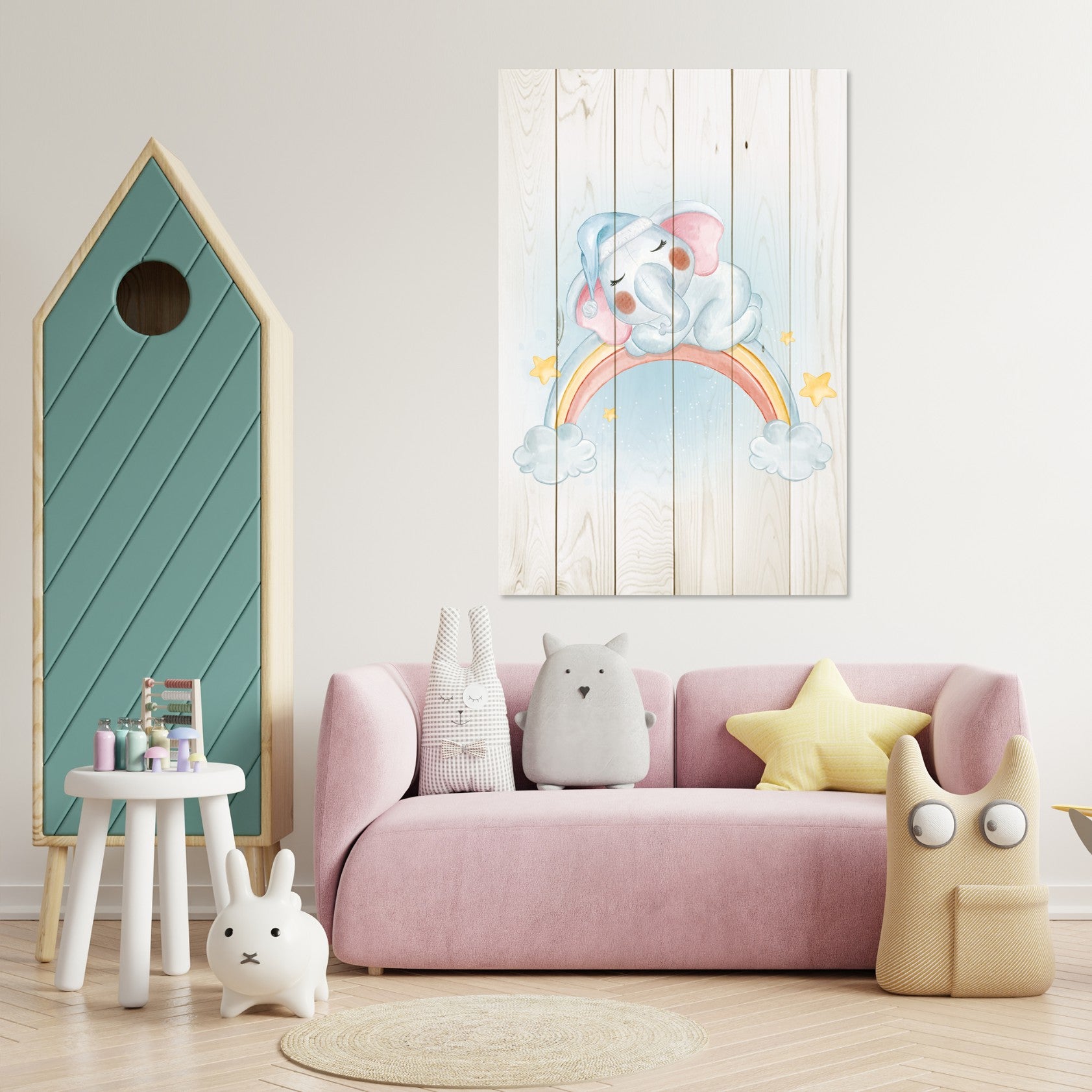 Bild Wood Kleiner Elefant auf dem Regenbogen-60x90 cm