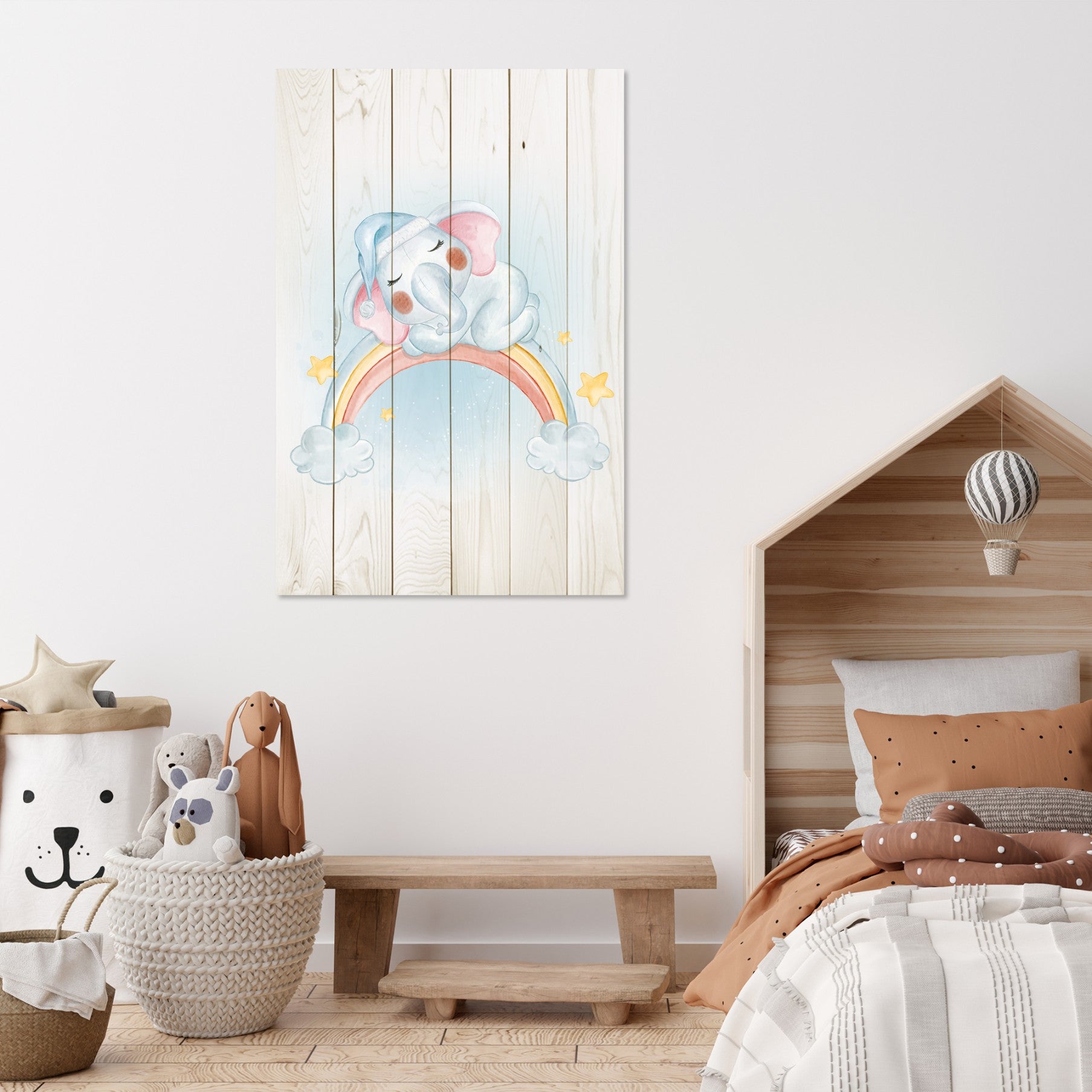 Bild Wood Kleiner Elefant auf dem Regenbogen-60x90 cm