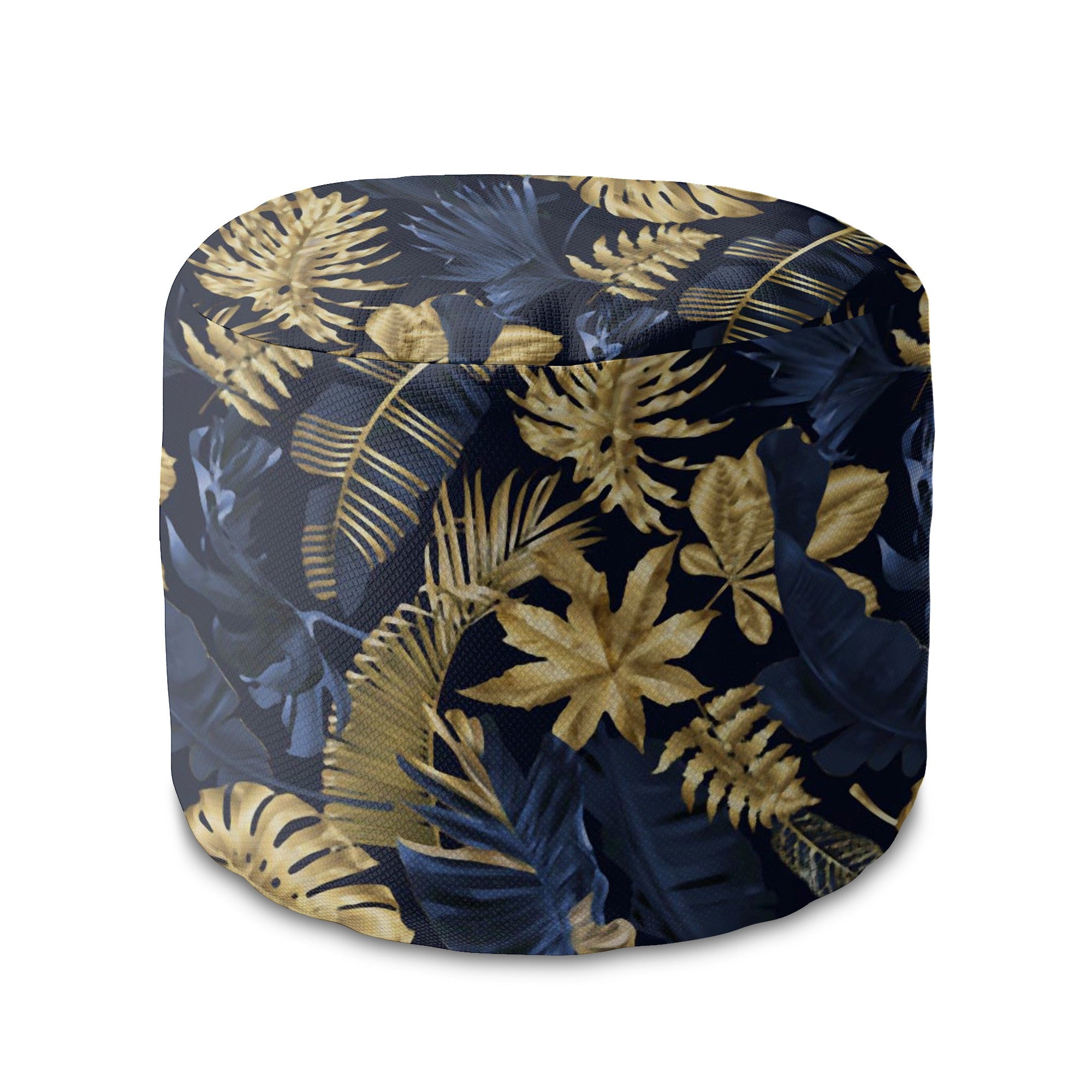 Runder Hocker Fußstütze Monstera Gold Navy Blau-Panama