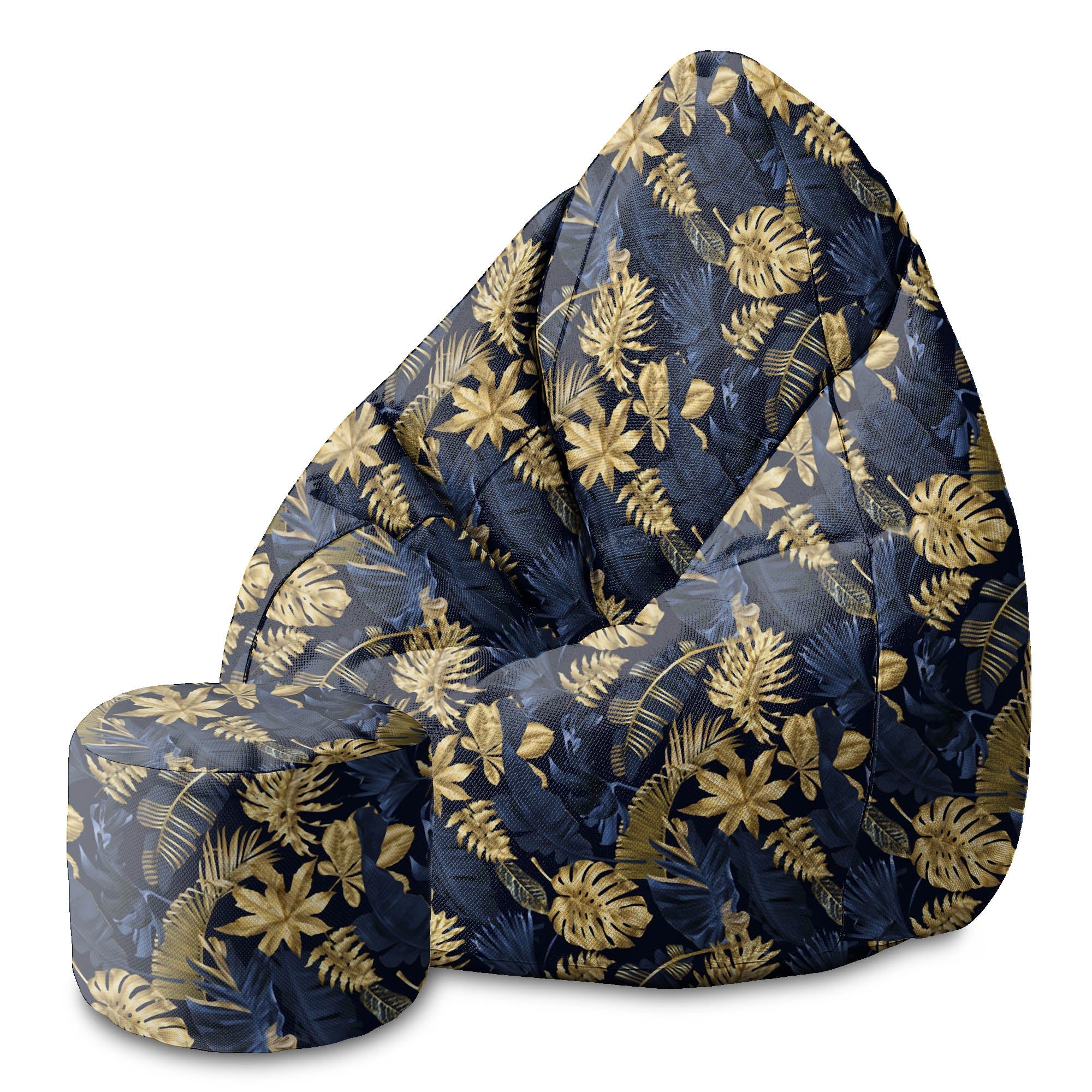 Runder Hocker Fußstütze Monstera Gold Navy Blau
