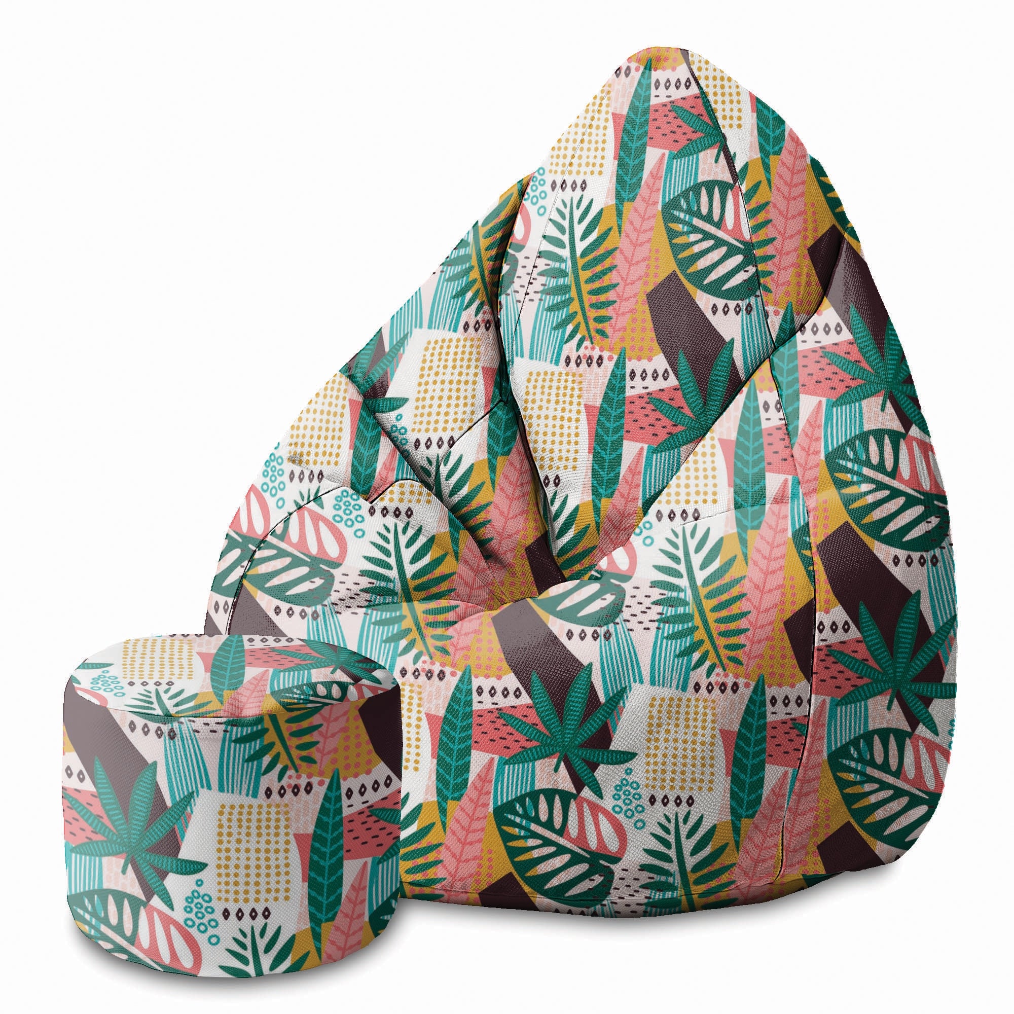 Round Pouf Footstool Abstract Monstera